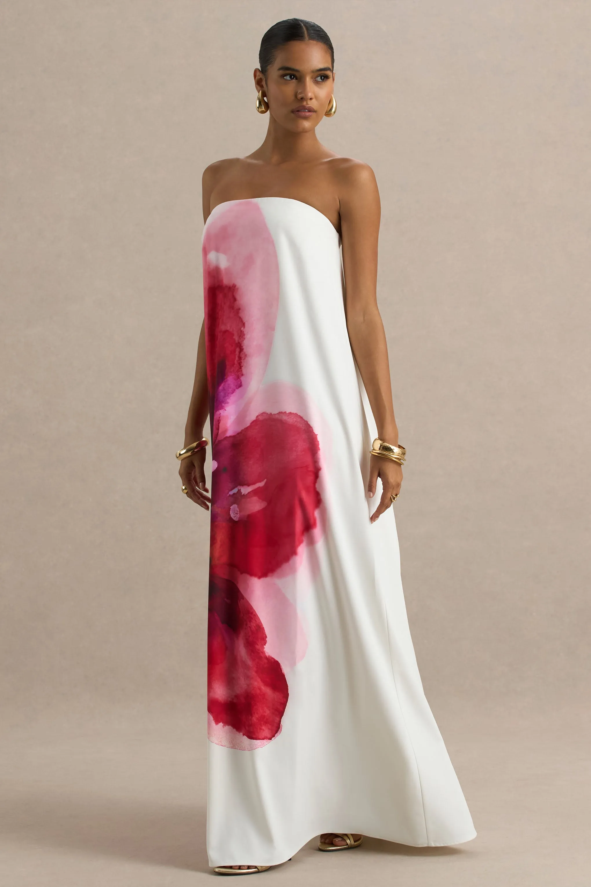 Breonna | Bright Pink Floral Placement Print Bandeau Maxi Dress sold by Club L London product image thumbnail 4