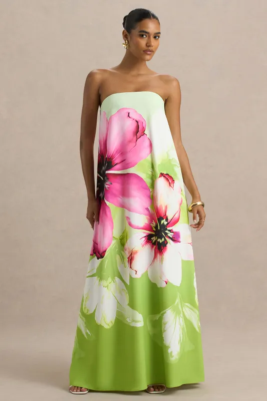 Ellery | Lime Floral Print Bandeau Maxi Dress sold by Club L London