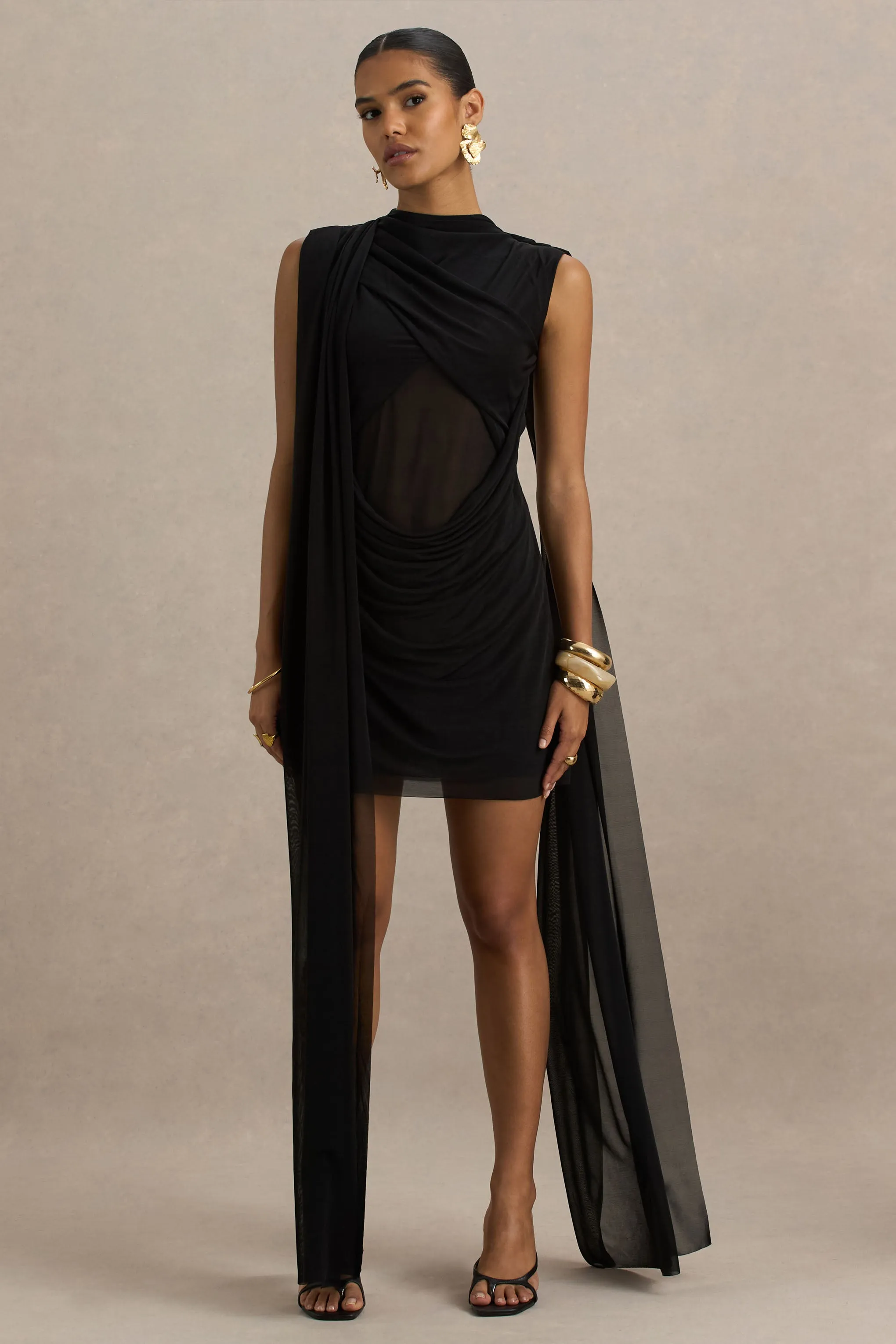 Riad | Black Chiffon Mini Dress With Two-Sleeve Cape sold by Club L London product image thumbnail 3