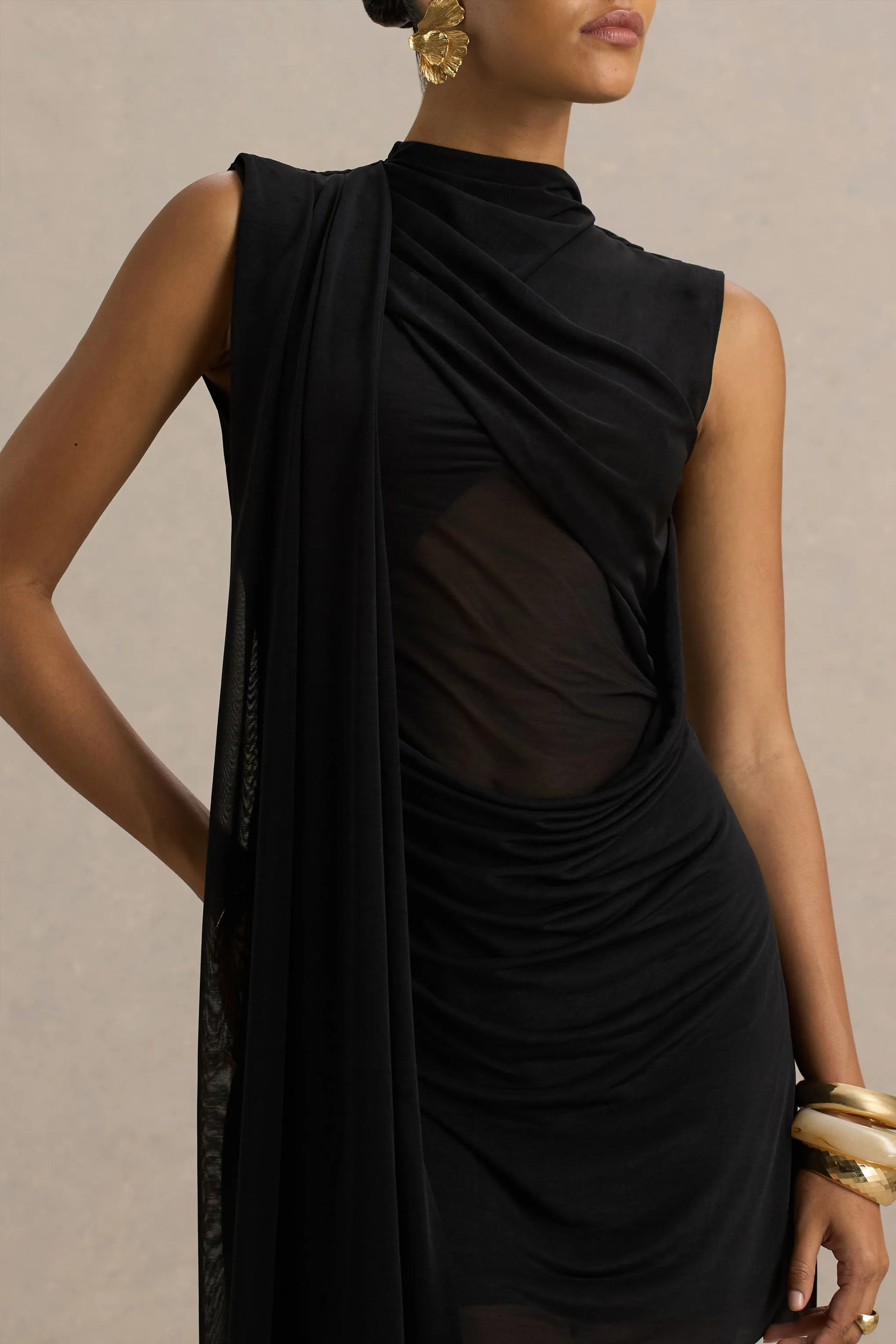 Riad | Black Chiffon Mini Dress With Two-Sleeve Cape sold by Club L London product image thumbnail 5