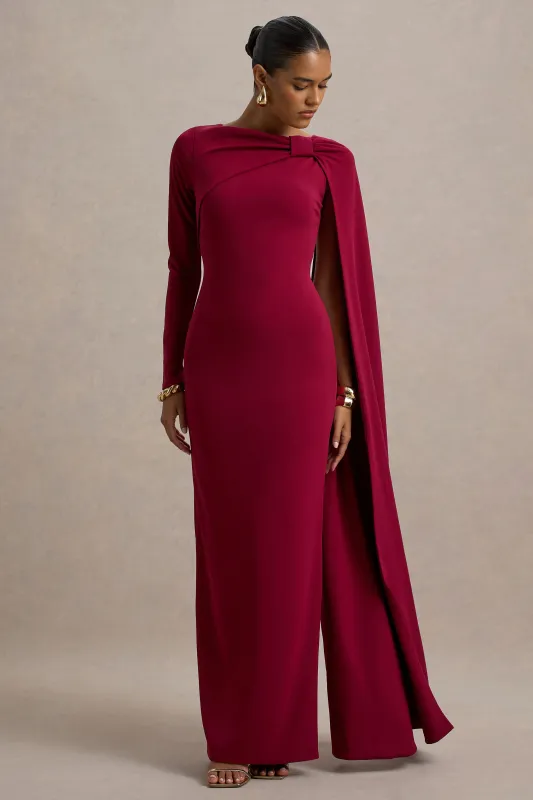 Frances | Burgundy High-Neck Maxi Dress With Cape Detail sold by Club L London