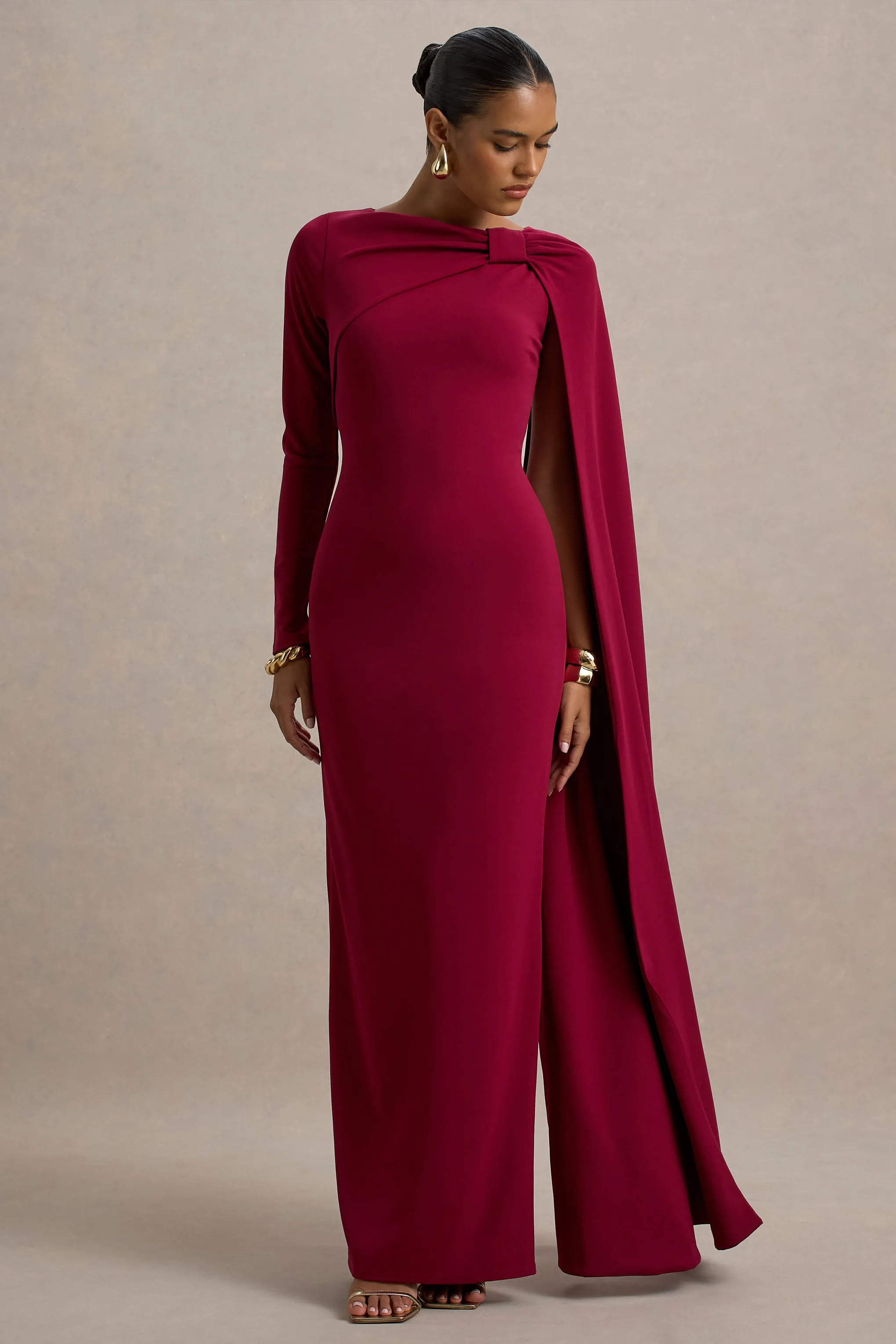 Frances | Burgundy High-Neck Maxi Dress With Cape Detail sold by Club L London