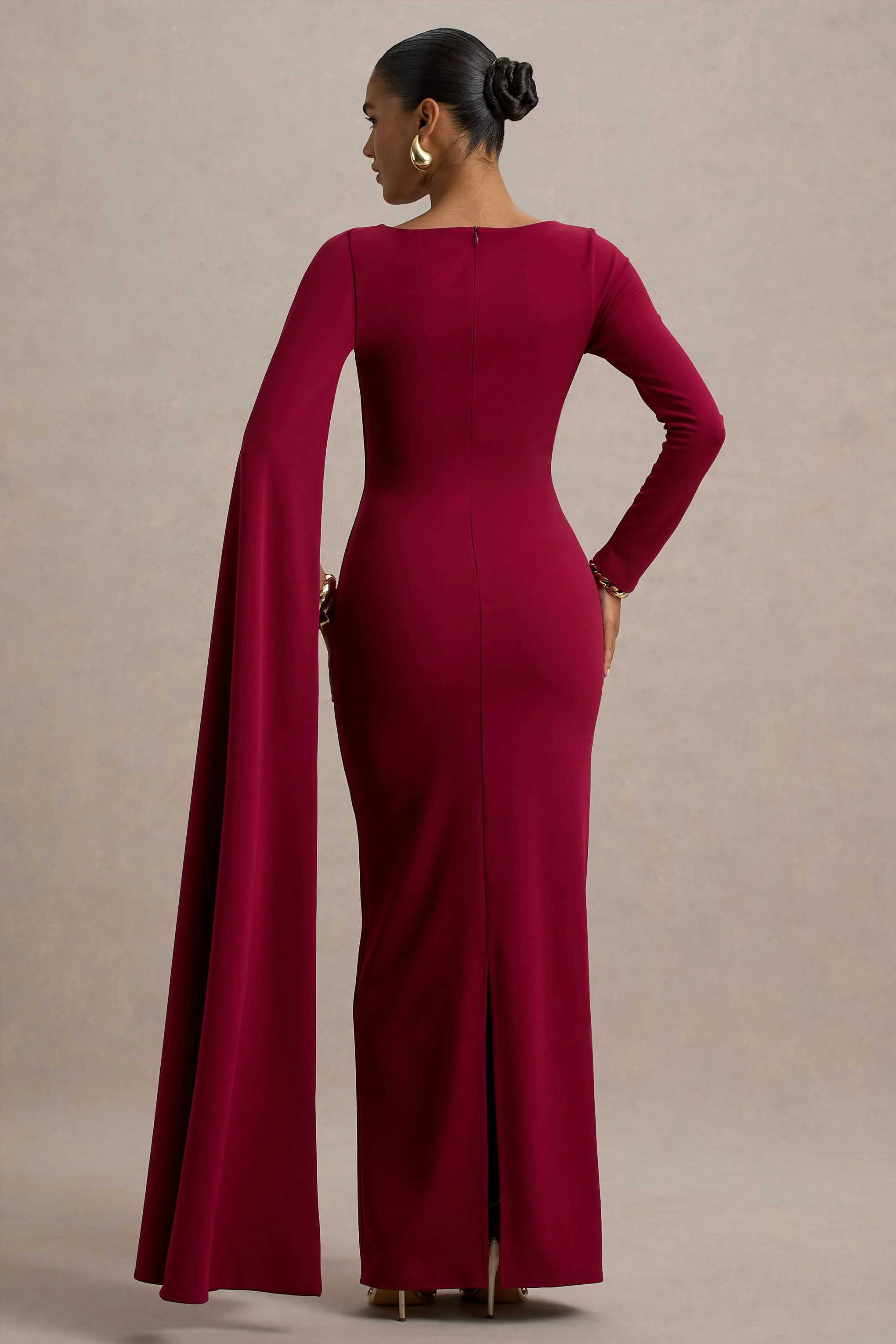 Frances | Burgundy High-Neck Maxi Dress With Cape Detail sold by Club L London product image thumbnail 2