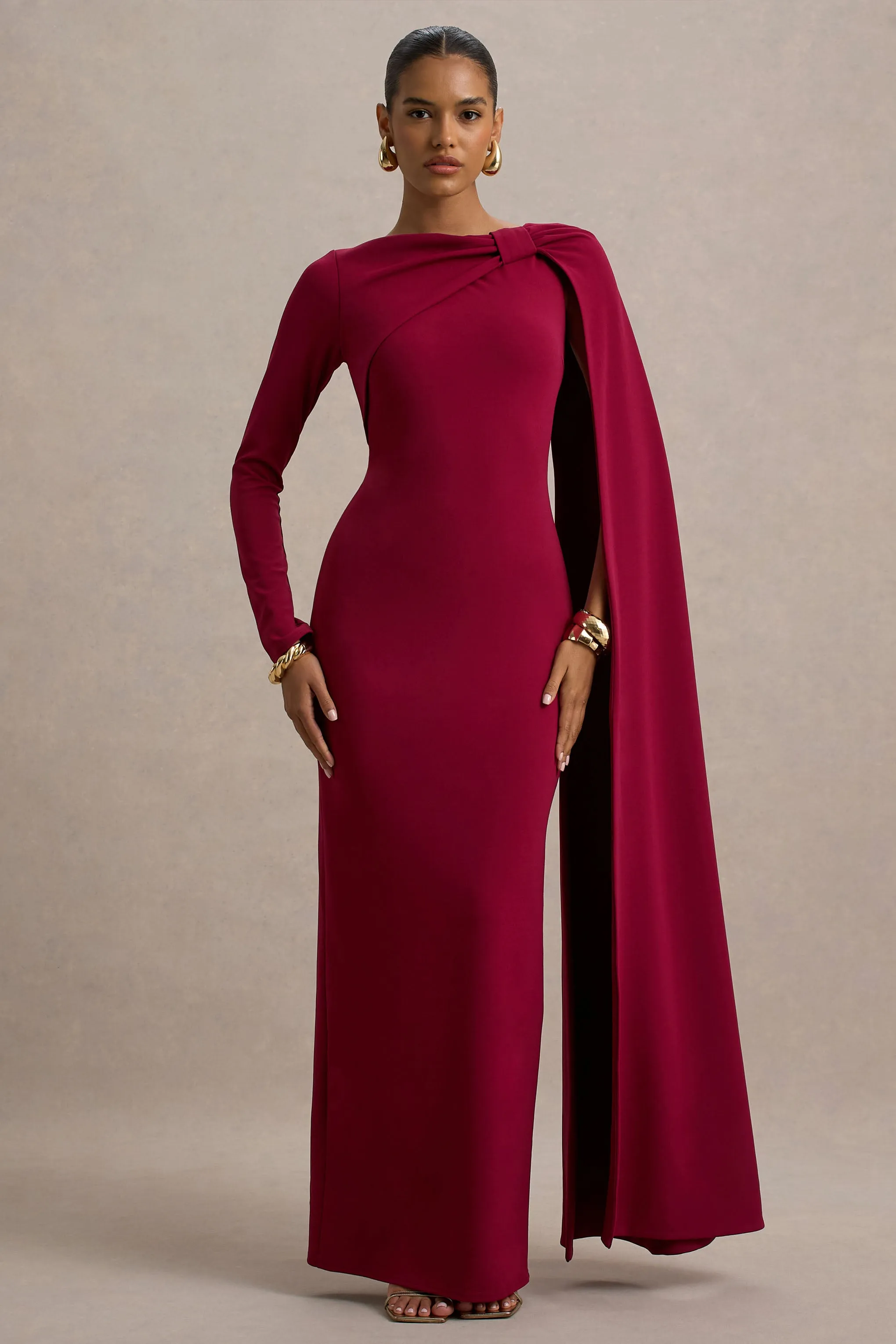 Frances | Burgundy High-Neck Maxi Dress With Cape Detail sold by Club L London product image thumbnail 4