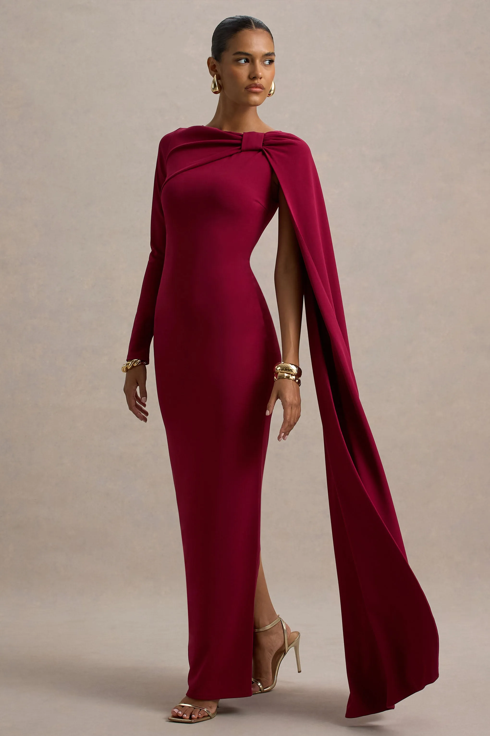 Frances | Burgundy High-Neck Maxi Dress With Cape Detail sold by Club L London product image thumbnail 5