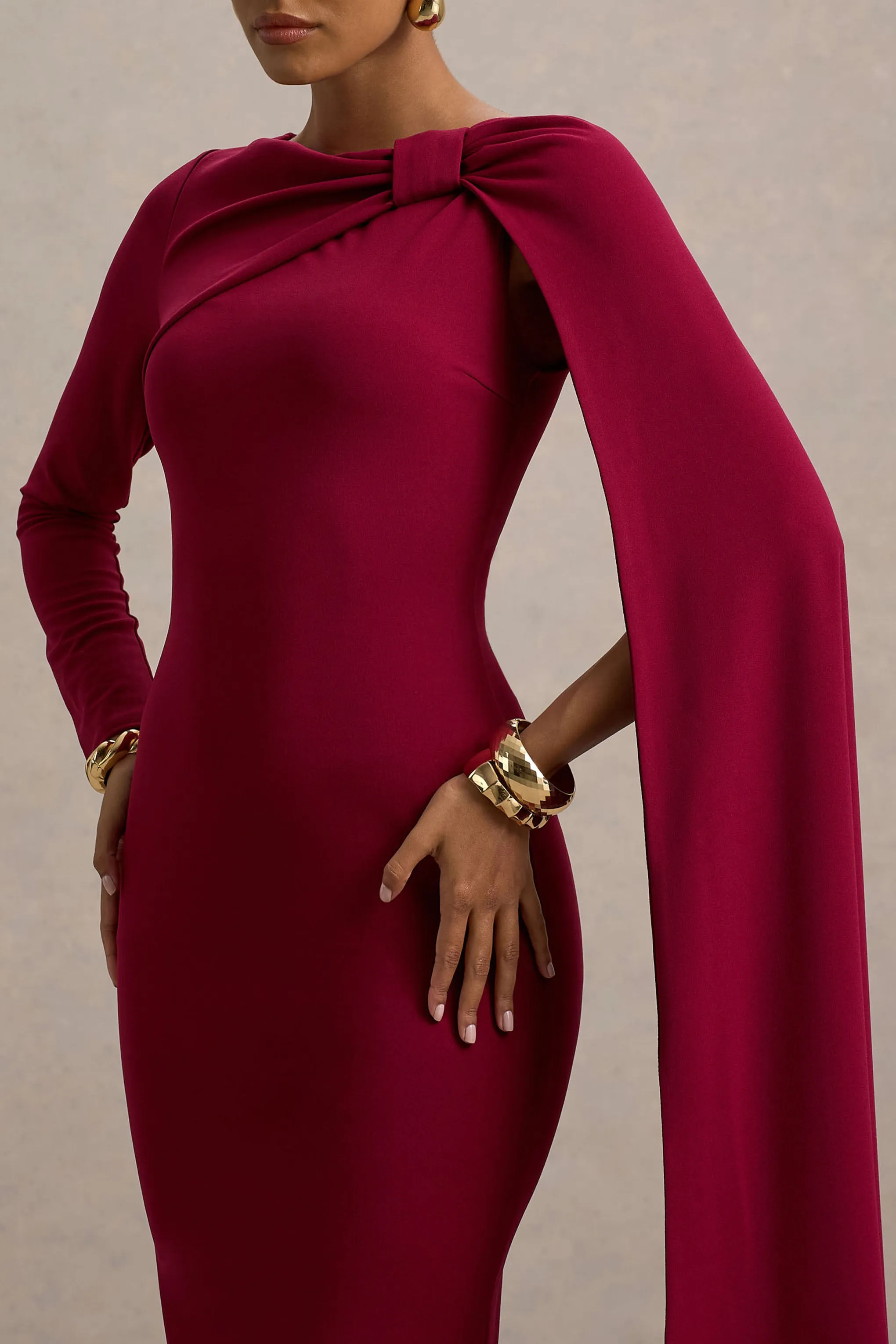 Frances | Burgundy High-Neck Maxi Dress With Cape Detail sold by Club L London product image thumbnail 3