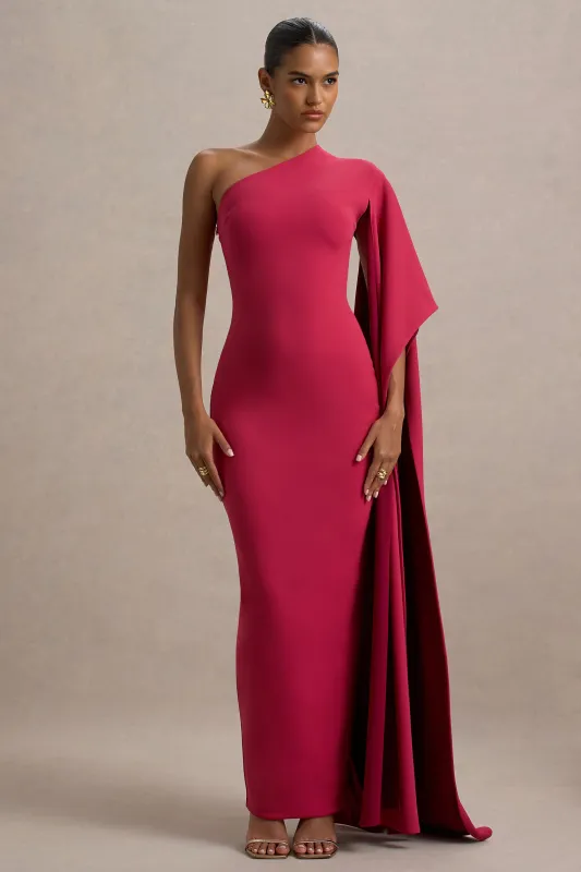 Lily | Hot Pink & Burgundy Asymmetric Maxi Dress With Cape Sleeve sold by Club L London