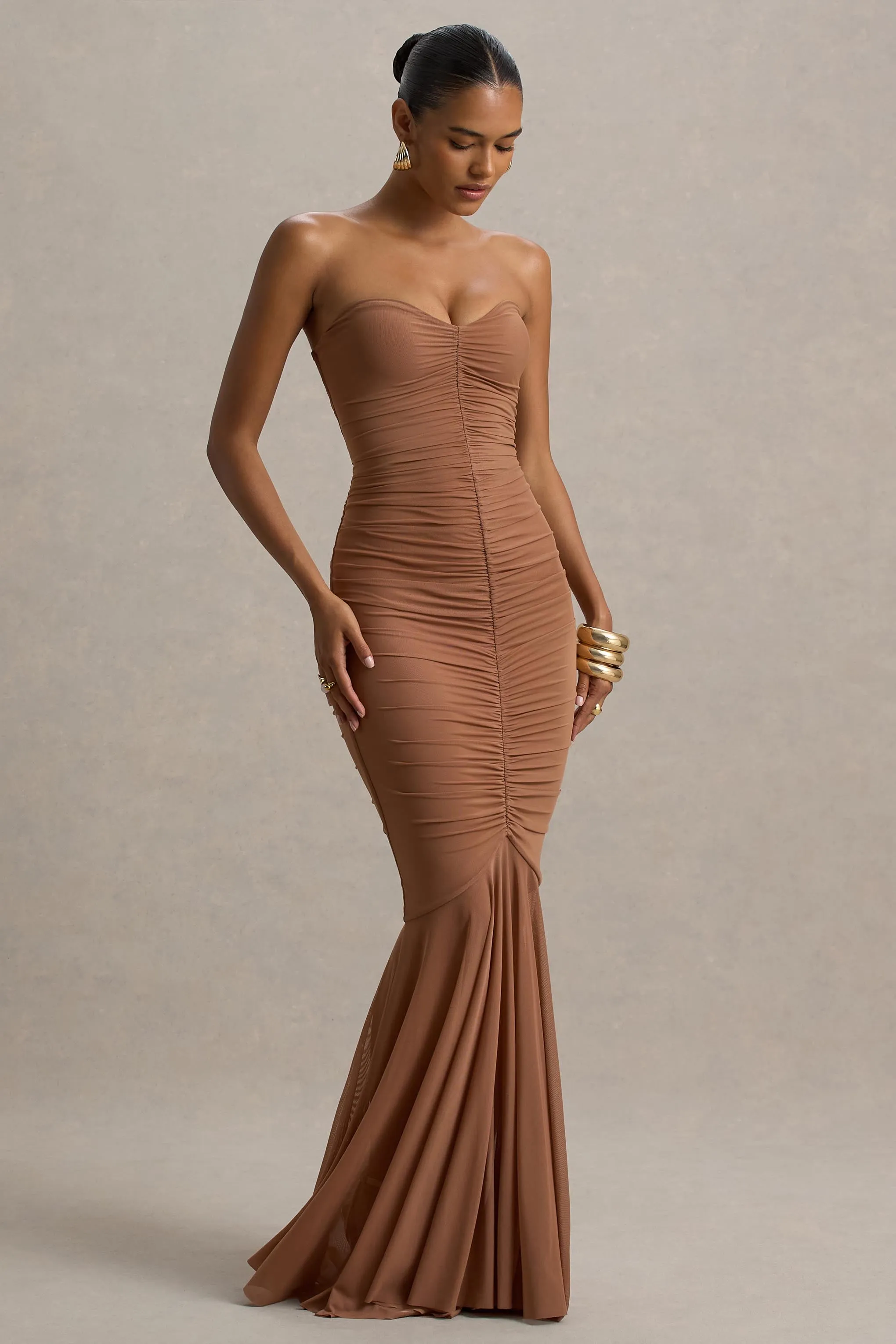 Talisa | Mocha Ruched Fishtail Maxi Dress With Mesh Hem sold by Club L London product image thumbnail 4