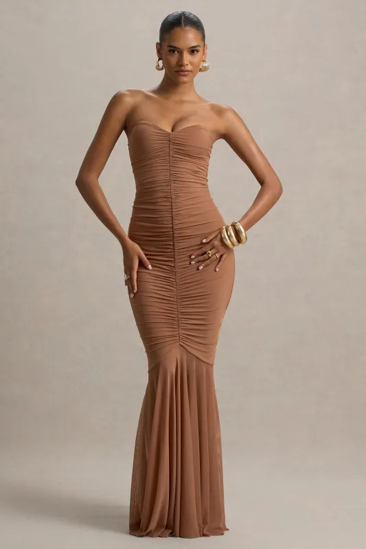 Talisa | Mocha Ruched Fishtail Maxi Dress With Mesh Hem sold by Club L London