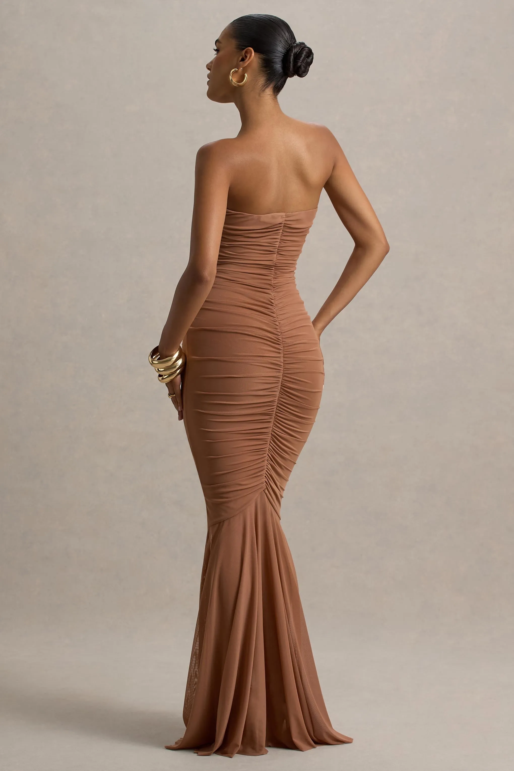 Talisa | Mocha Ruched Fishtail Maxi Dress With Mesh Hem sold by Club L London product image thumbnail 2