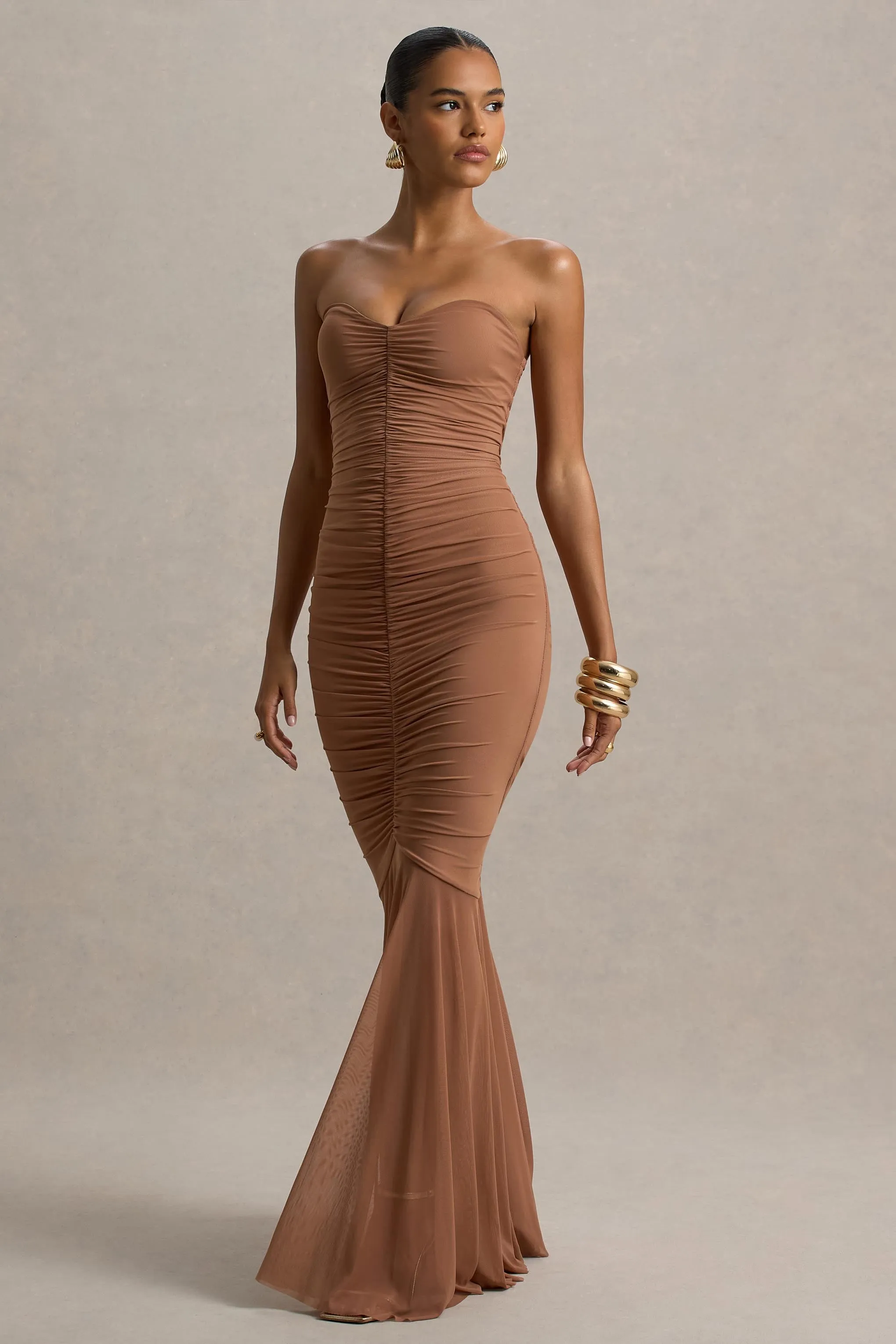 Talisa | Mocha Ruched Fishtail Maxi Dress With Mesh Hem sold by Club L London product image thumbnail 3