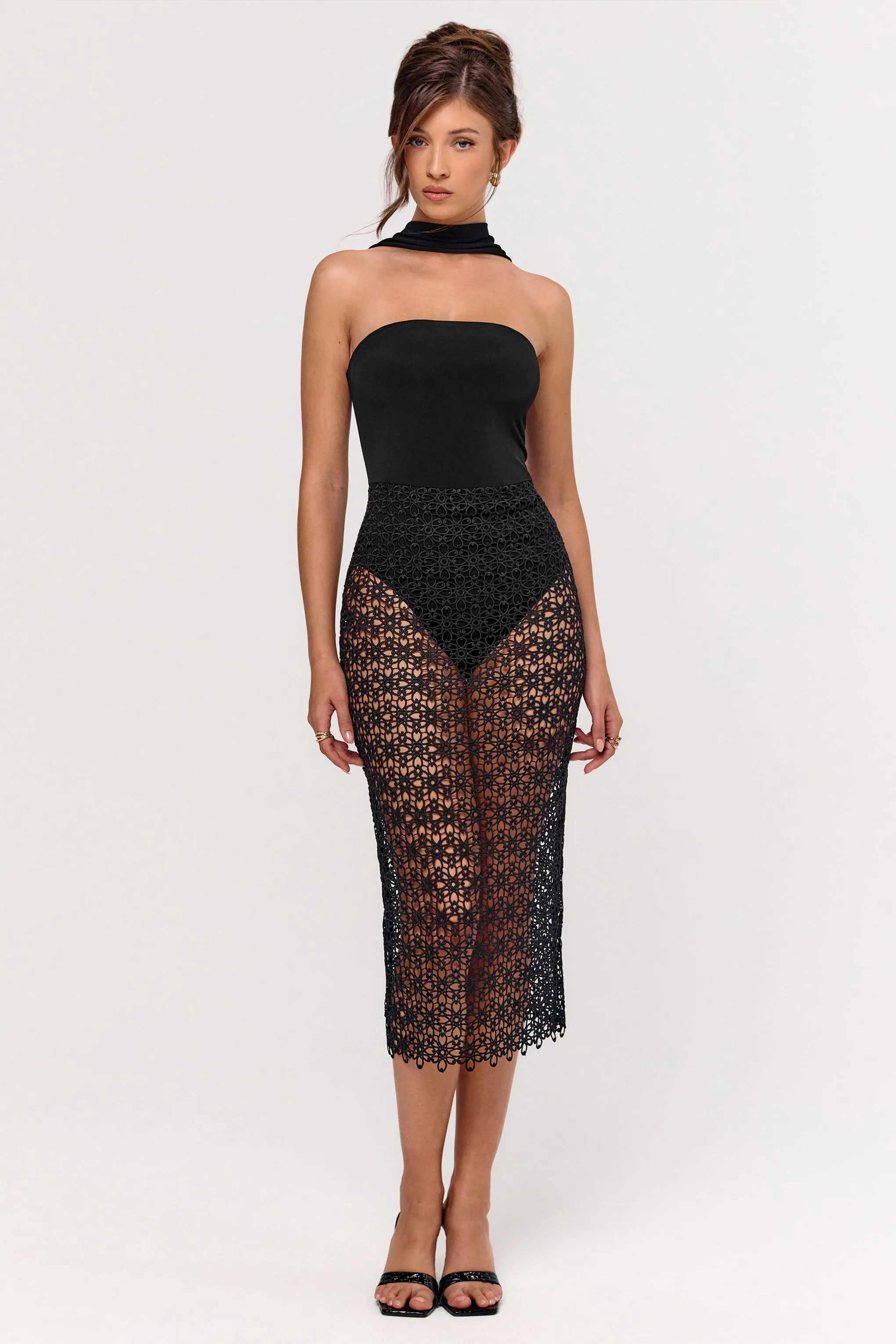 Tamala | Black High-Neck Midi Dress With Lace Skirt sold by Club L London product image thumbnail 4