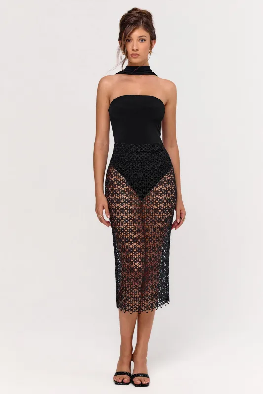 Tamala | Black High-Neck Midi Dress With Lace Skirt sold by Club L London