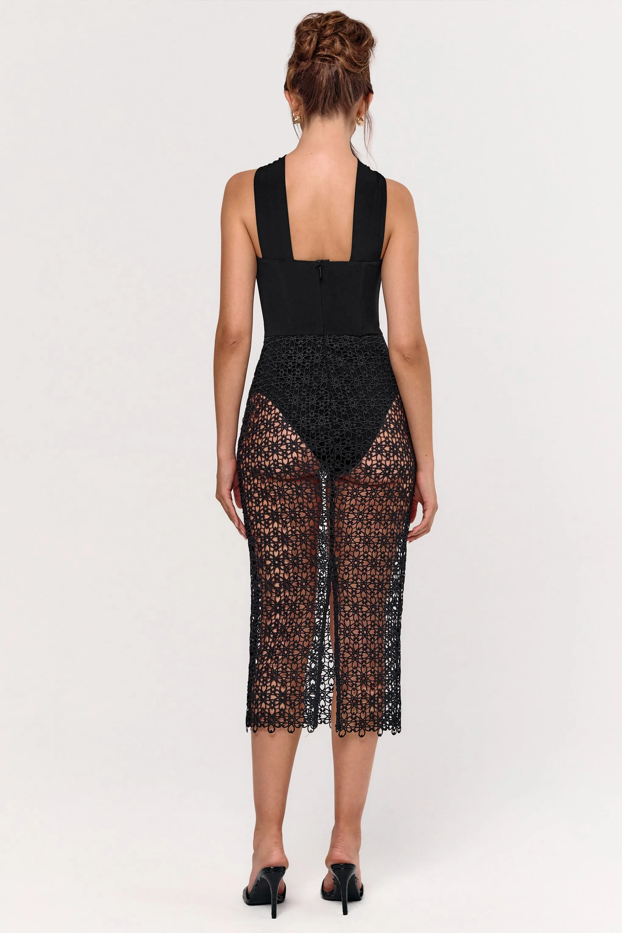 Tamala | Black High-Neck Midi Dress With Lace Skirt sold by Club L London product image thumbnail 2