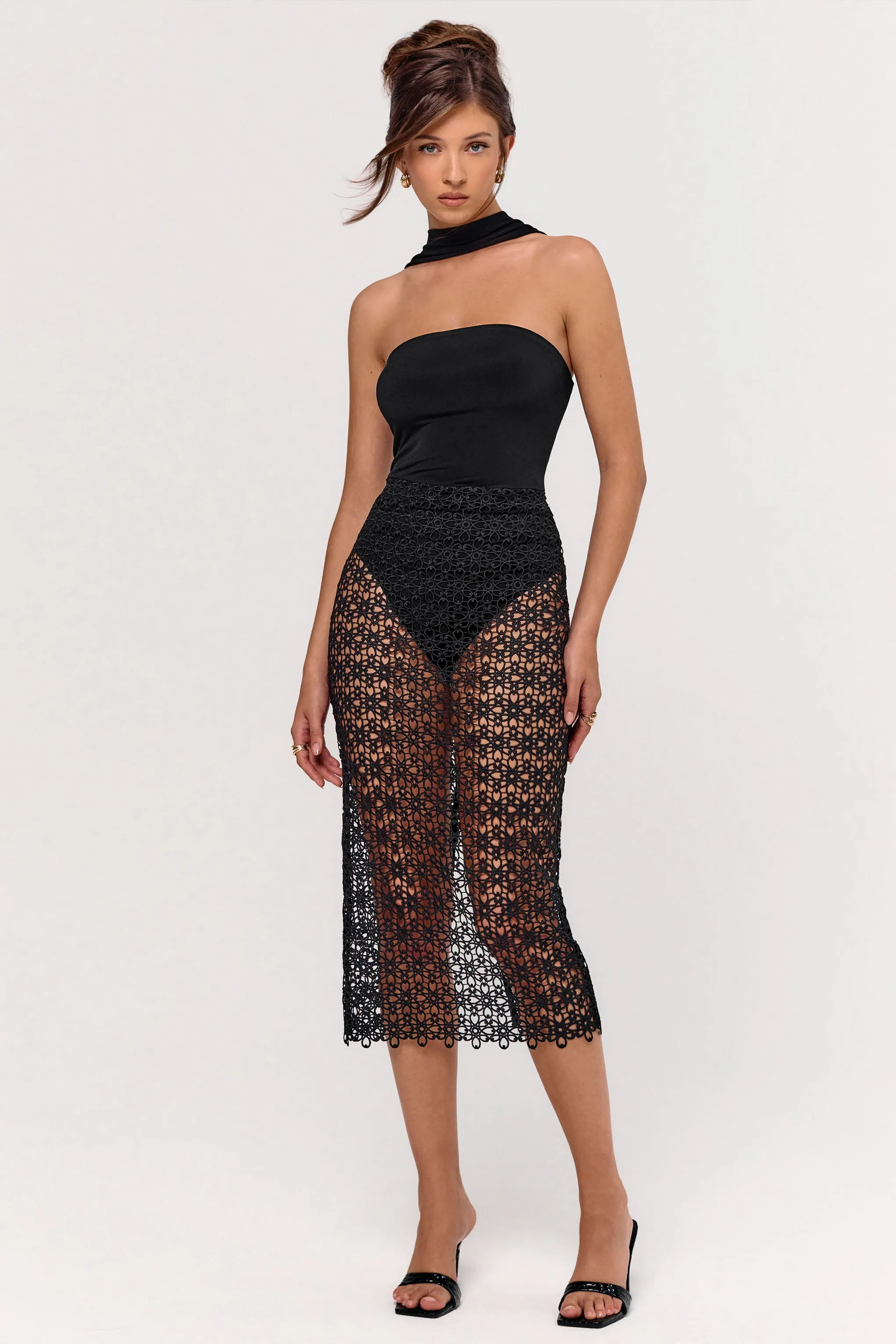 Tamala | Black High-Neck Midi Dress With Lace Skirt sold by Club L London product image thumbnail 5