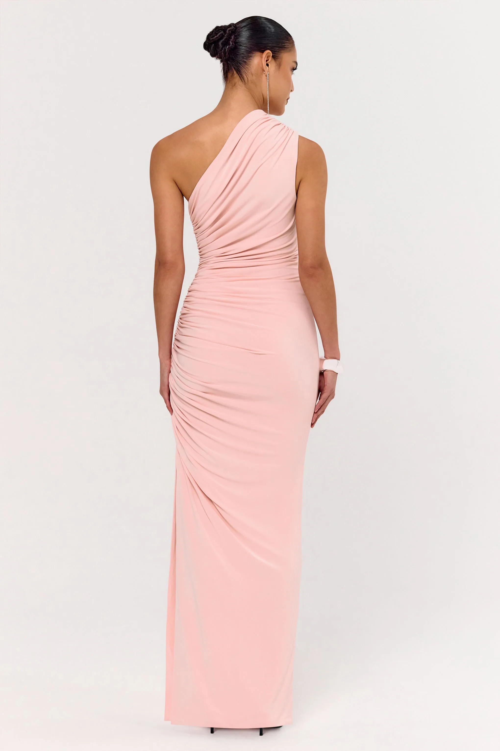 Daphne | Pink Asymmetric-Neck Maxi Dress With Ruched Detailing sold by Club L London product image thumbnail 2