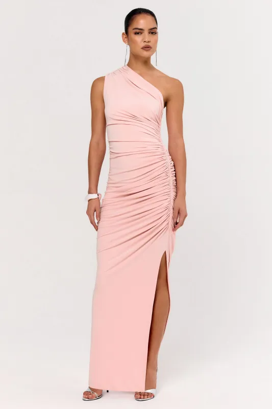 Daphne | Pink Asymmetric-Neck Maxi Dress With Ruched Detailing sold by Club L London