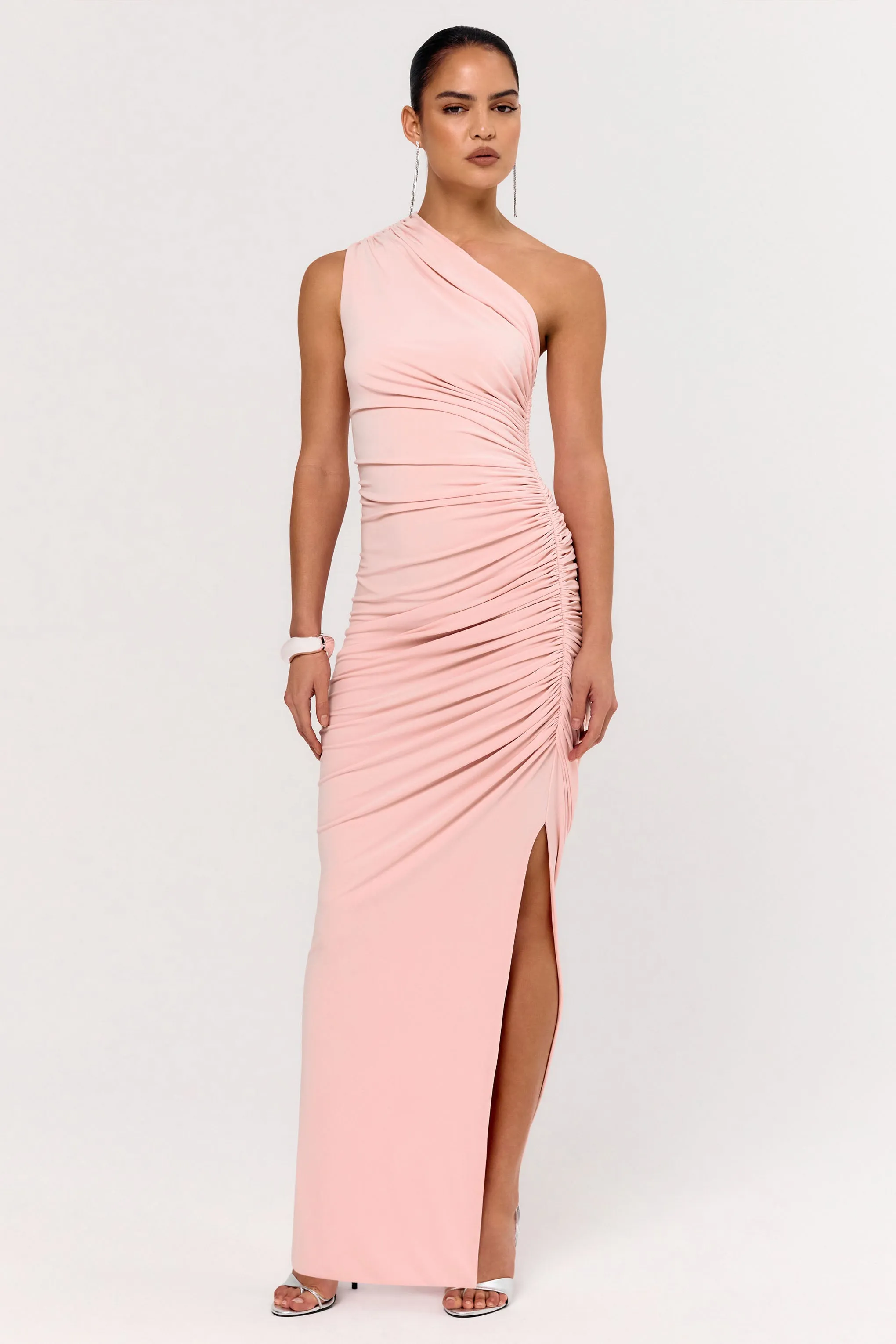 Daphne | Pink Asymmetric-Neck Maxi Dress With Ruched Detailing sold by Club L London