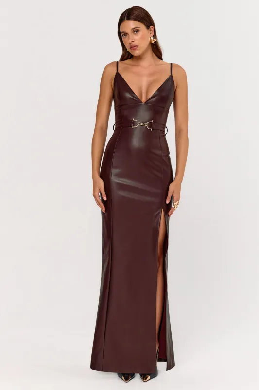 Lila | Burgundy Faux Leather Plunge-Neck Maxi Dress With Split sold by Club L London