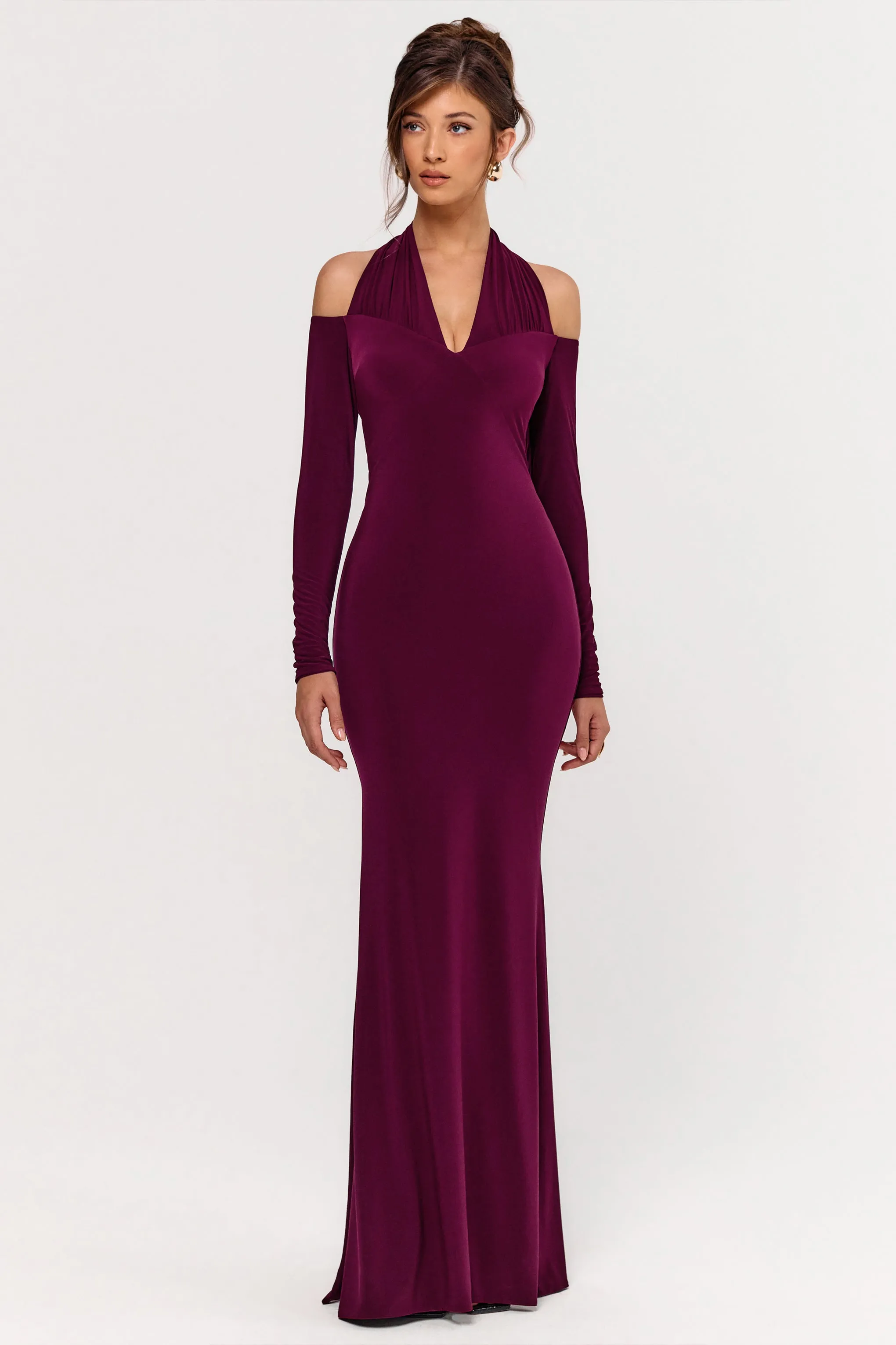 Living High | Burgundy Halter-Neck Maxi Dress With Long Sleeves sold by Club L London product image thumbnail 3