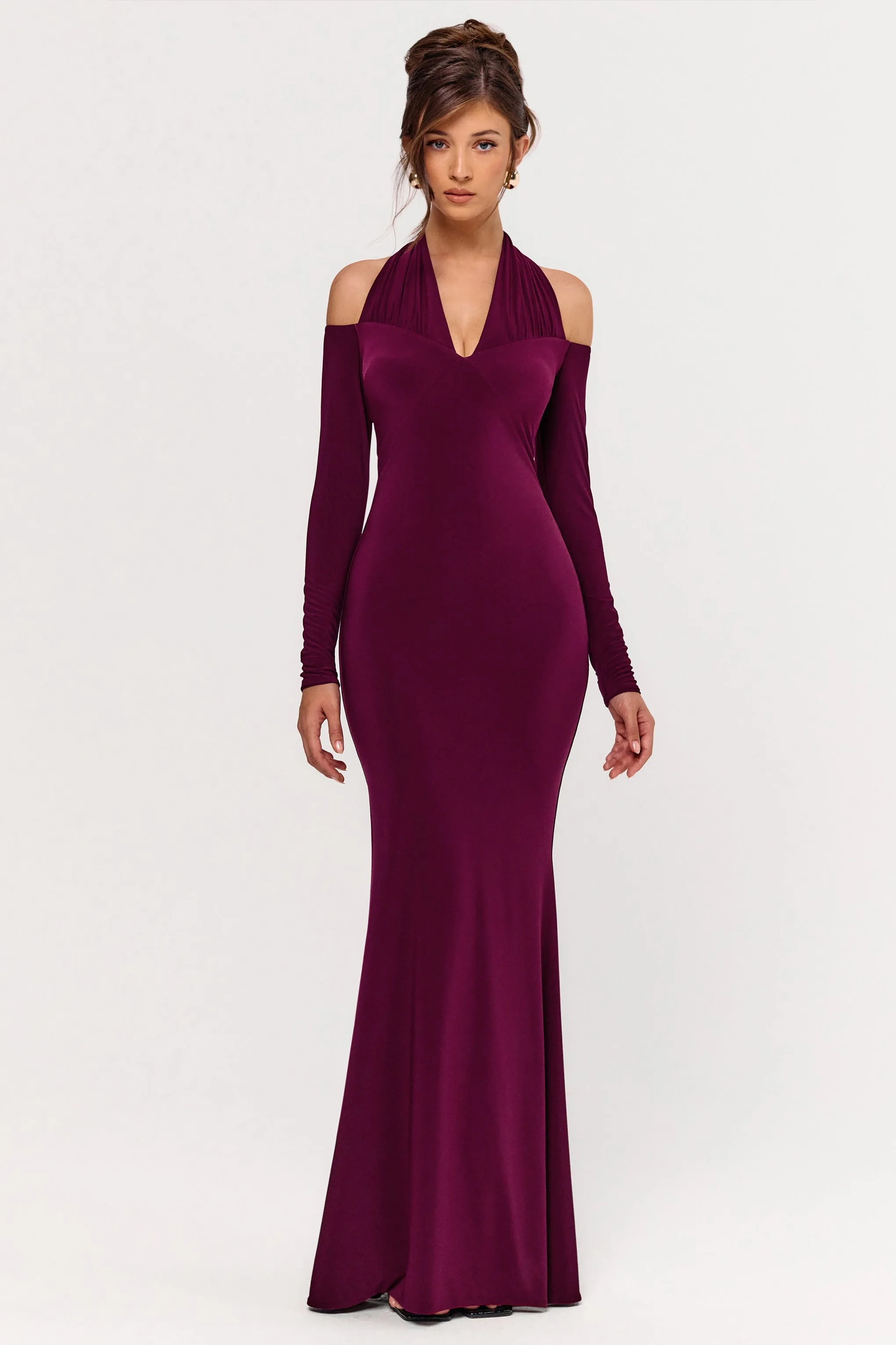 Living High | Burgundy Halter-Neck Maxi Dress With Long Sleeves sold by Club L London