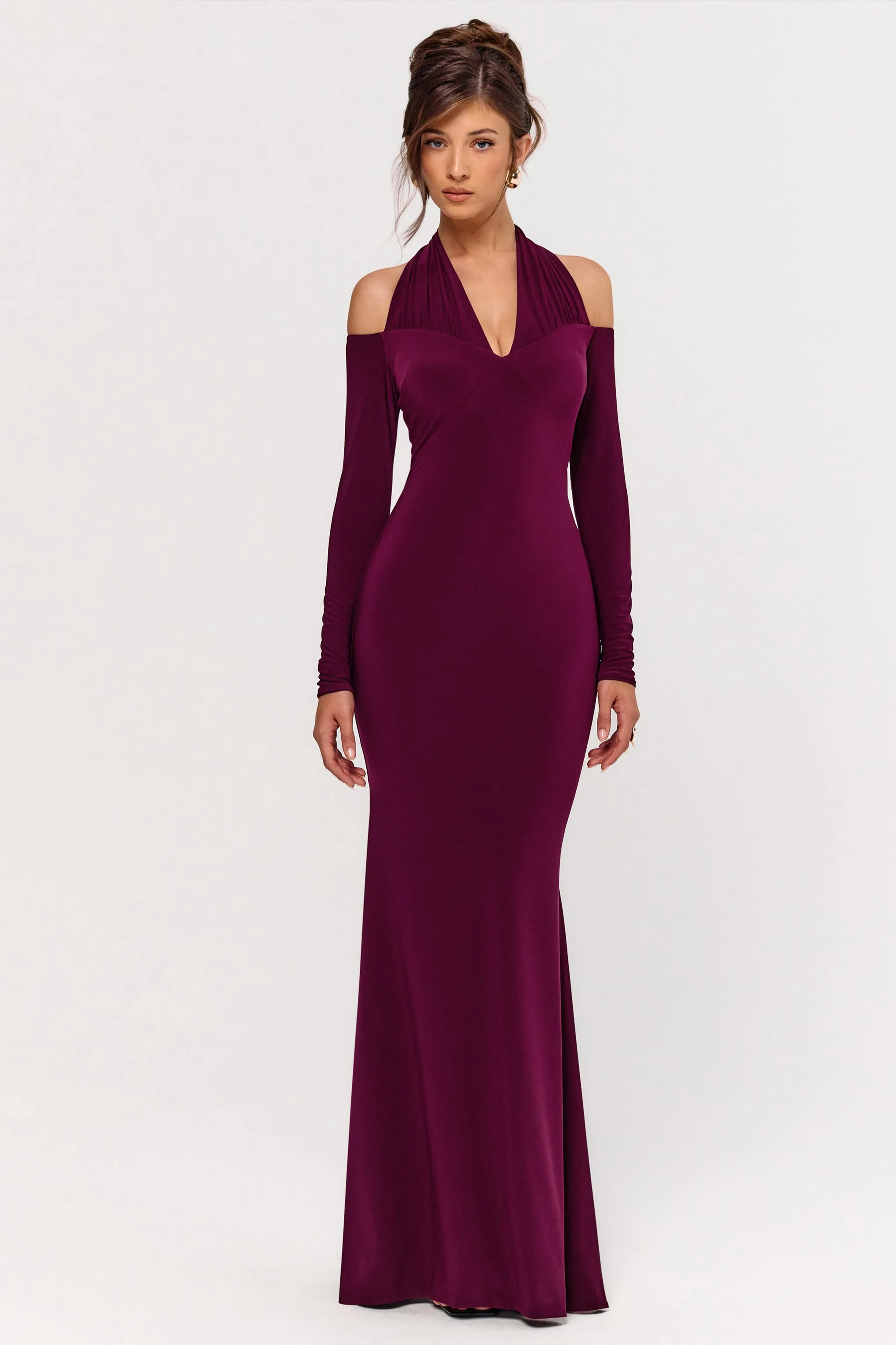 Living High | Burgundy Halter-Neck Maxi Dress With Long Sleeves sold by Club L London product image thumbnail 5