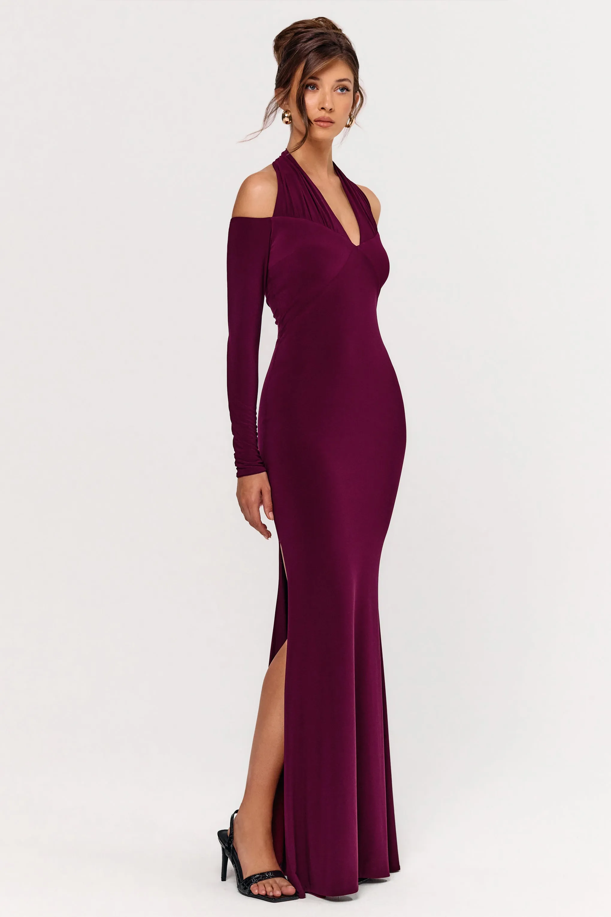 Living High | Burgundy Halter-Neck Maxi Dress With Long Sleeves sold by Club L London product image thumbnail 4