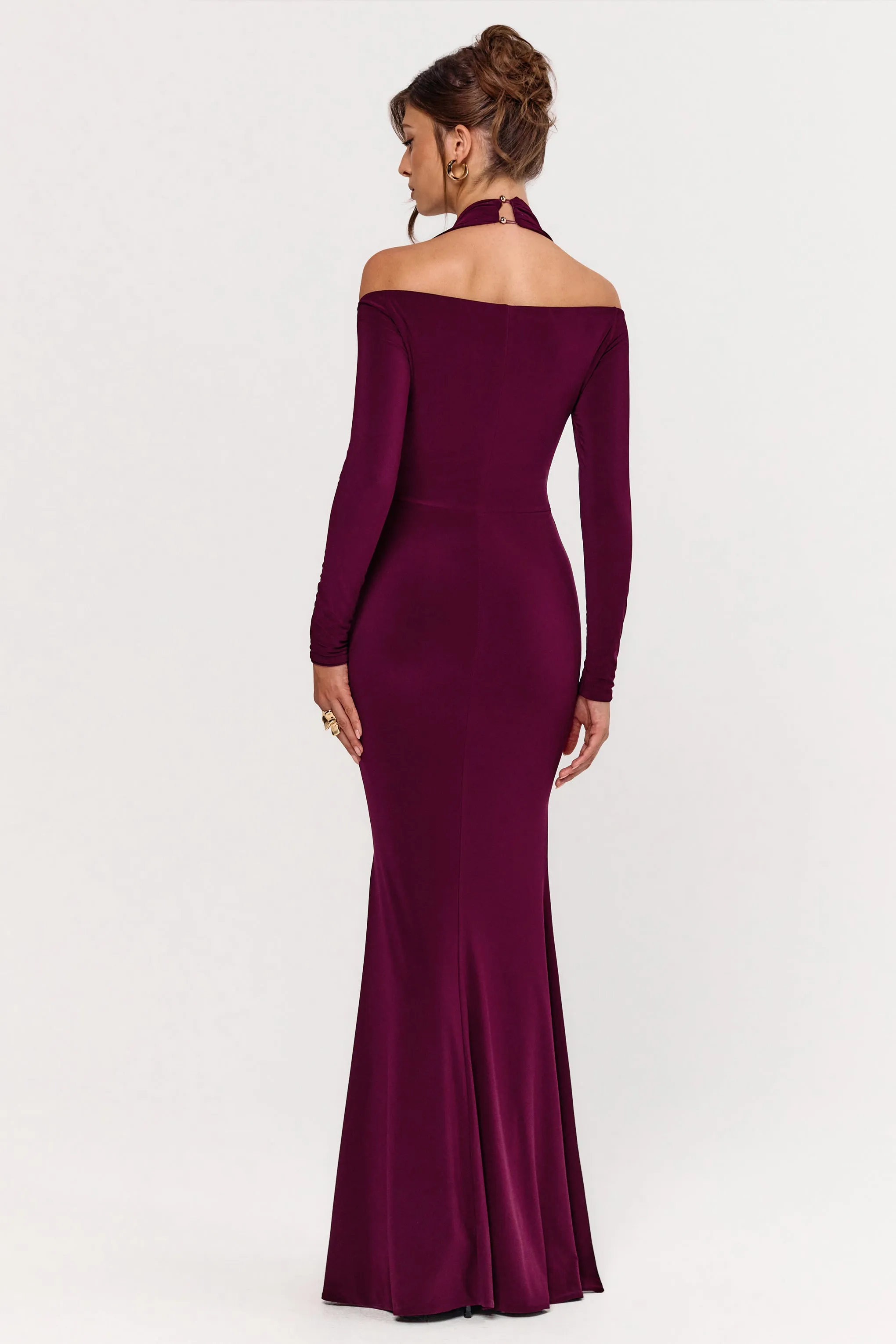 Living High | Burgundy Halter-Neck Maxi Dress With Long Sleeves sold by Club L London product image thumbnail 2