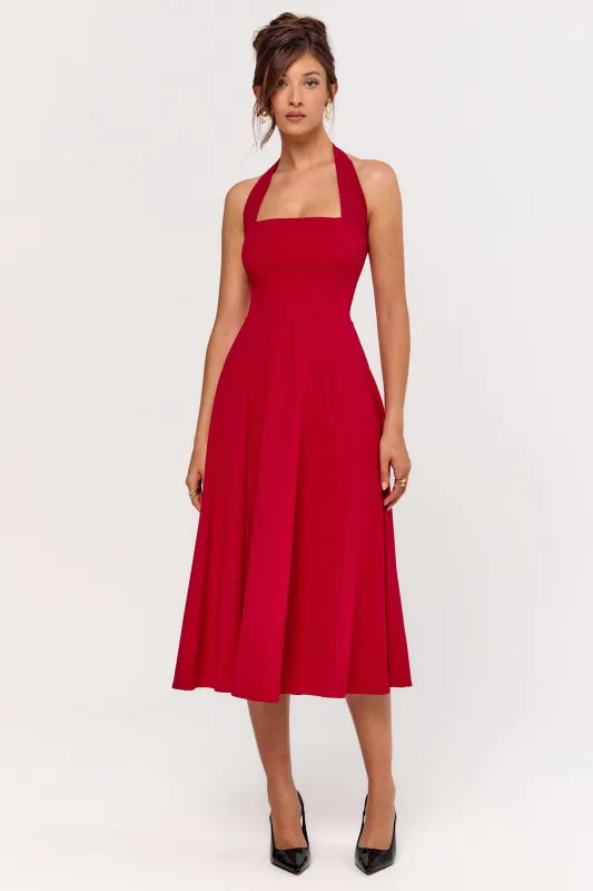 Auburn | Red Halter Skater Midi Dress sold by Club L London