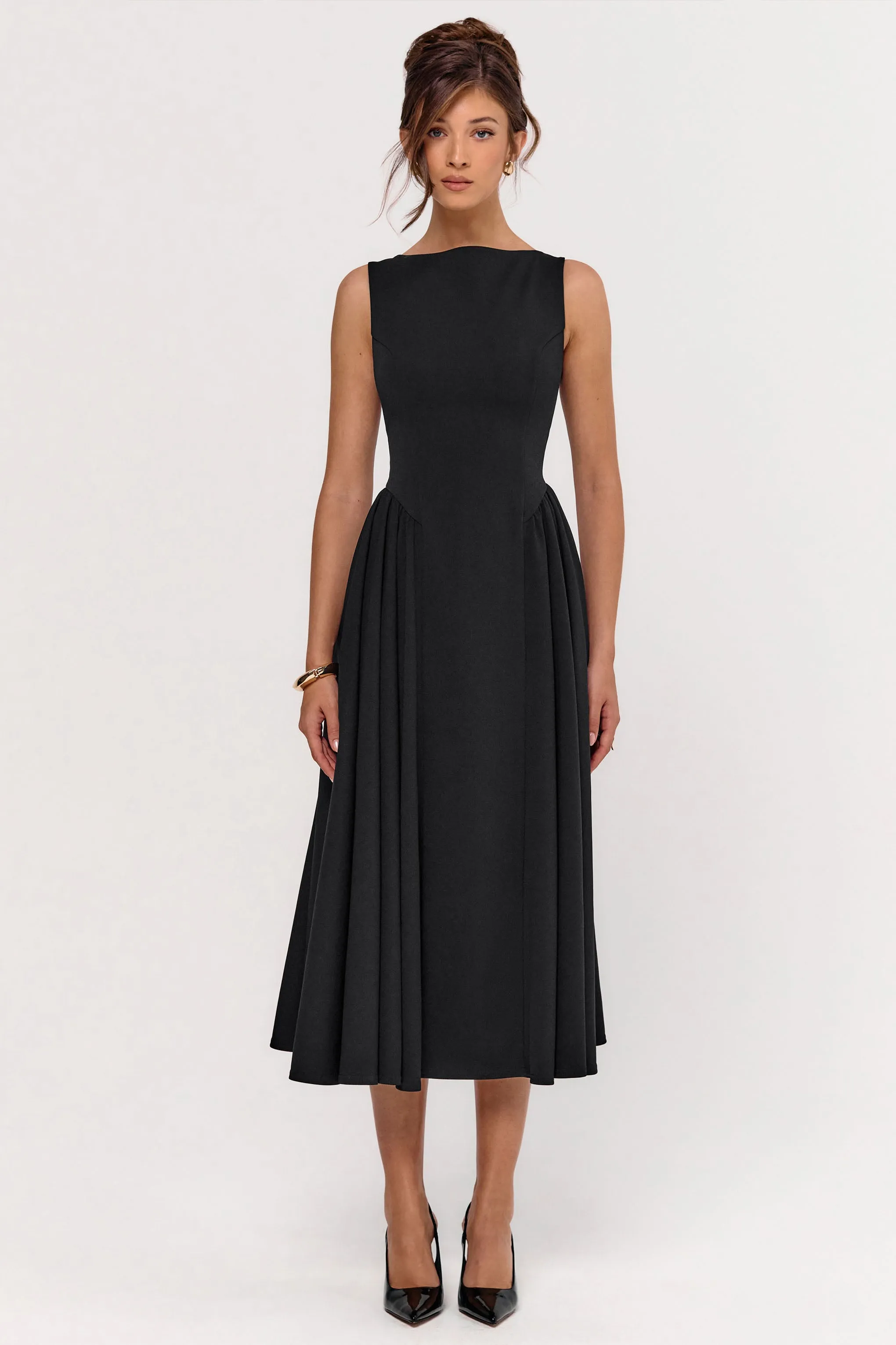 Muriel | Black Boat-Neck Volume-Hem Midi Dress sold by Club L London product image thumbnail 3