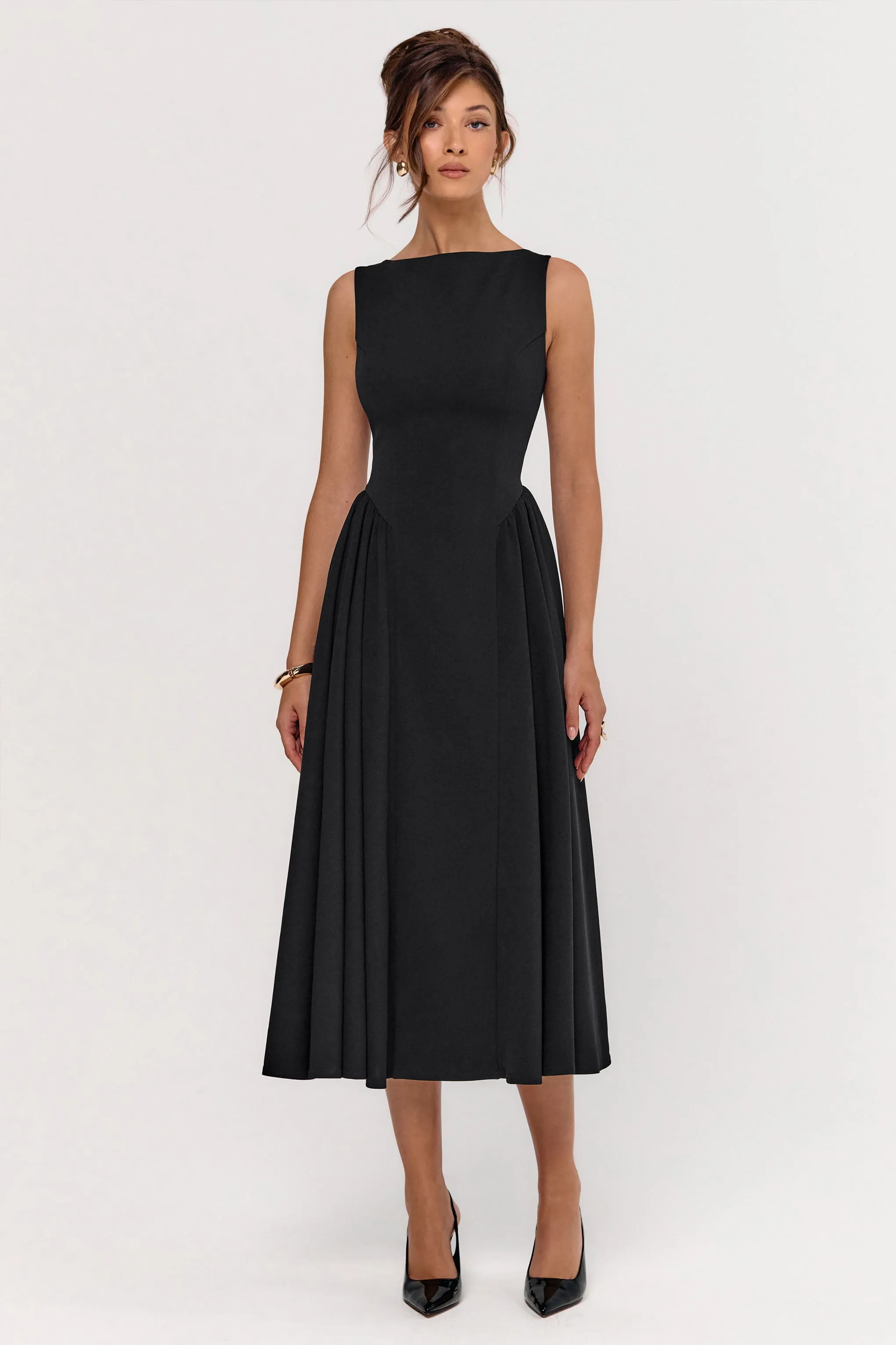 Muriel | Black Boat-Neck Volume-Hem Midi Dress sold by Club L London