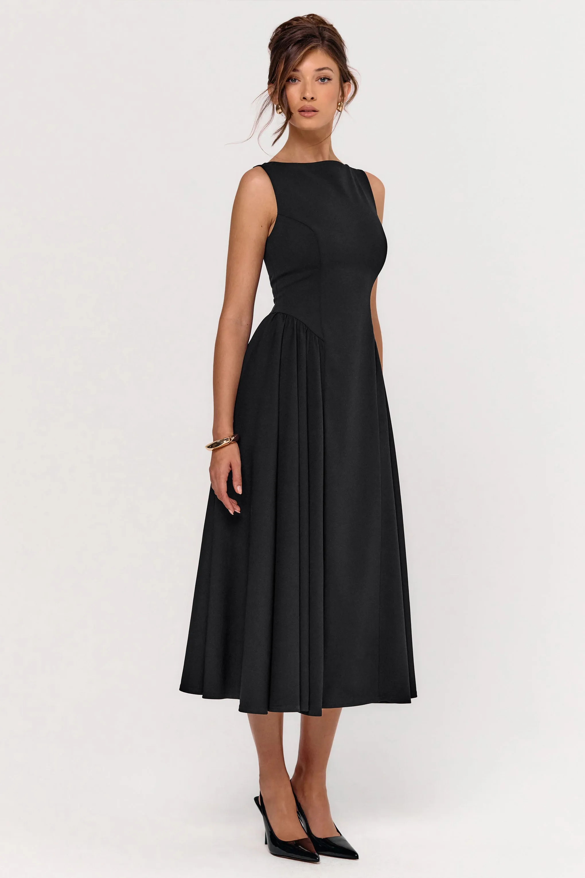Muriel | Black Boat-Neck Volume-Hem Midi Dress sold by Club L London product image thumbnail 5