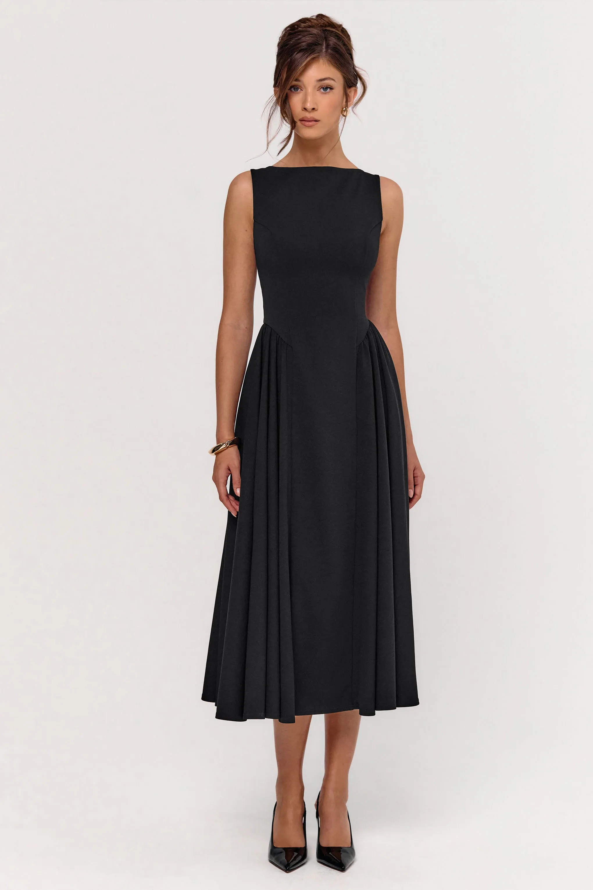 Muriel | Black Boat-Neck Volume-Hem Midi Dress sold by Club L London product image thumbnail 4