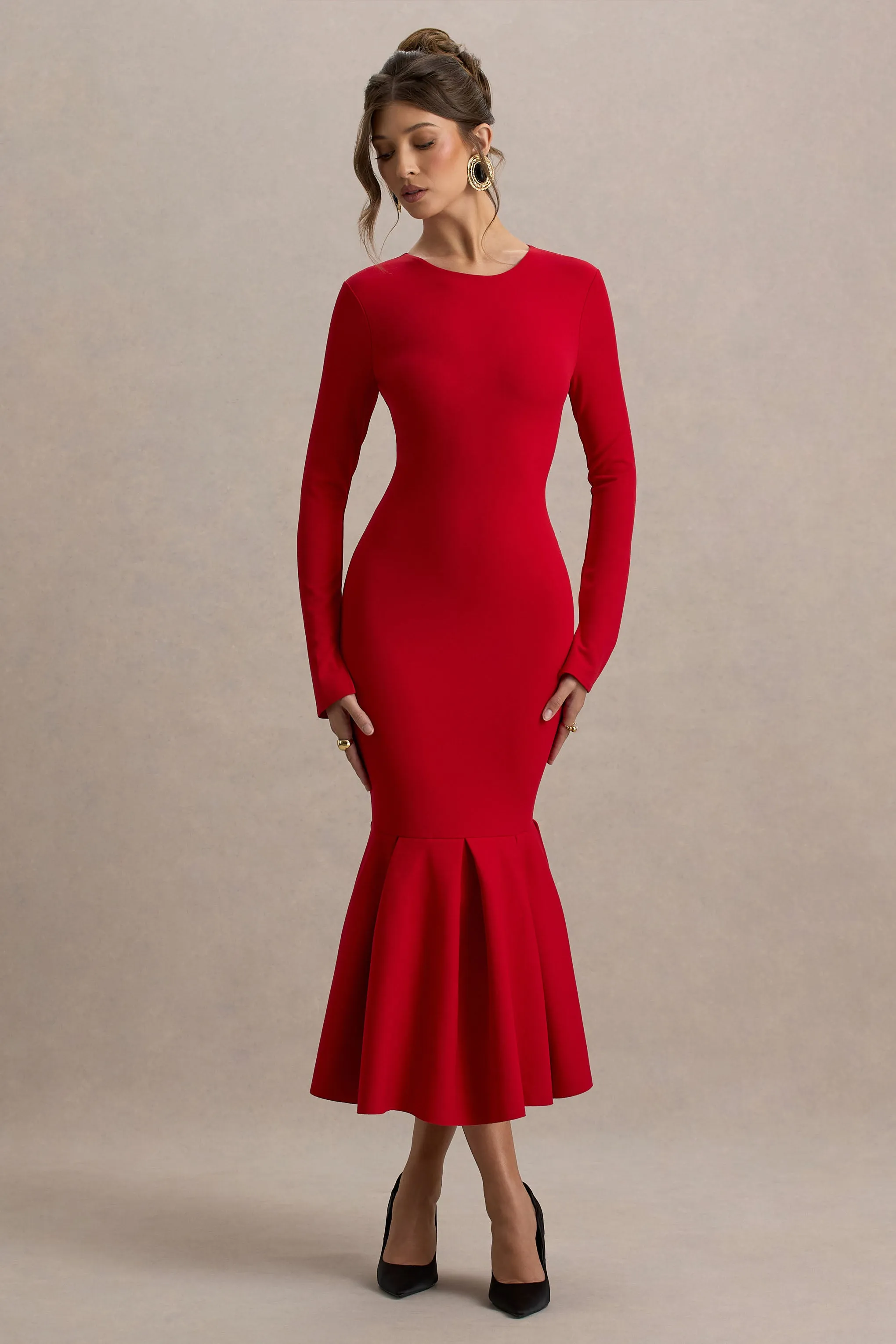 Liberty | Red High Neck Mermaid Maxi Dress With Ruffling Detail sold by Club L London product image thumbnail 5