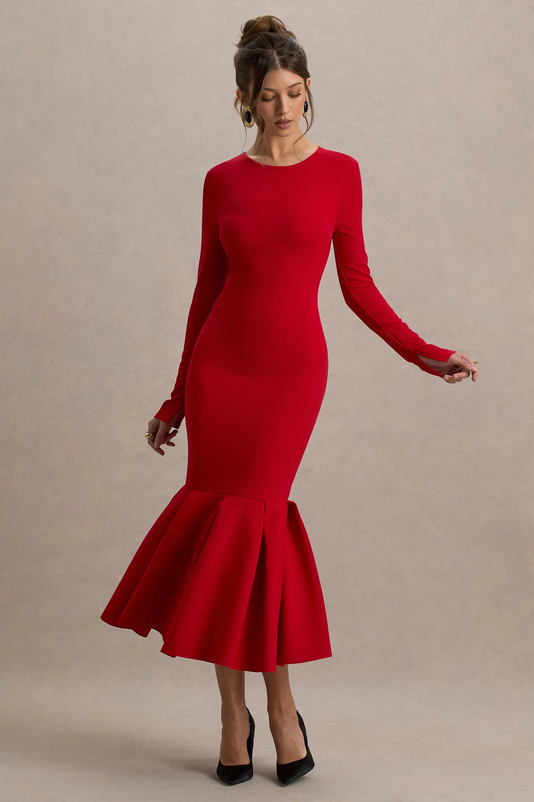 Liberty | Red High Neck Mermaid Maxi Dress With Ruffling Detail sold by Club L London product image thumbnail 4