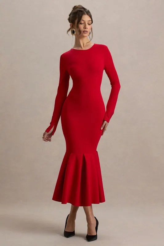 Liberty | Red High Neck Mermaid Maxi Dress With Ruffling Detail sold by Club L London