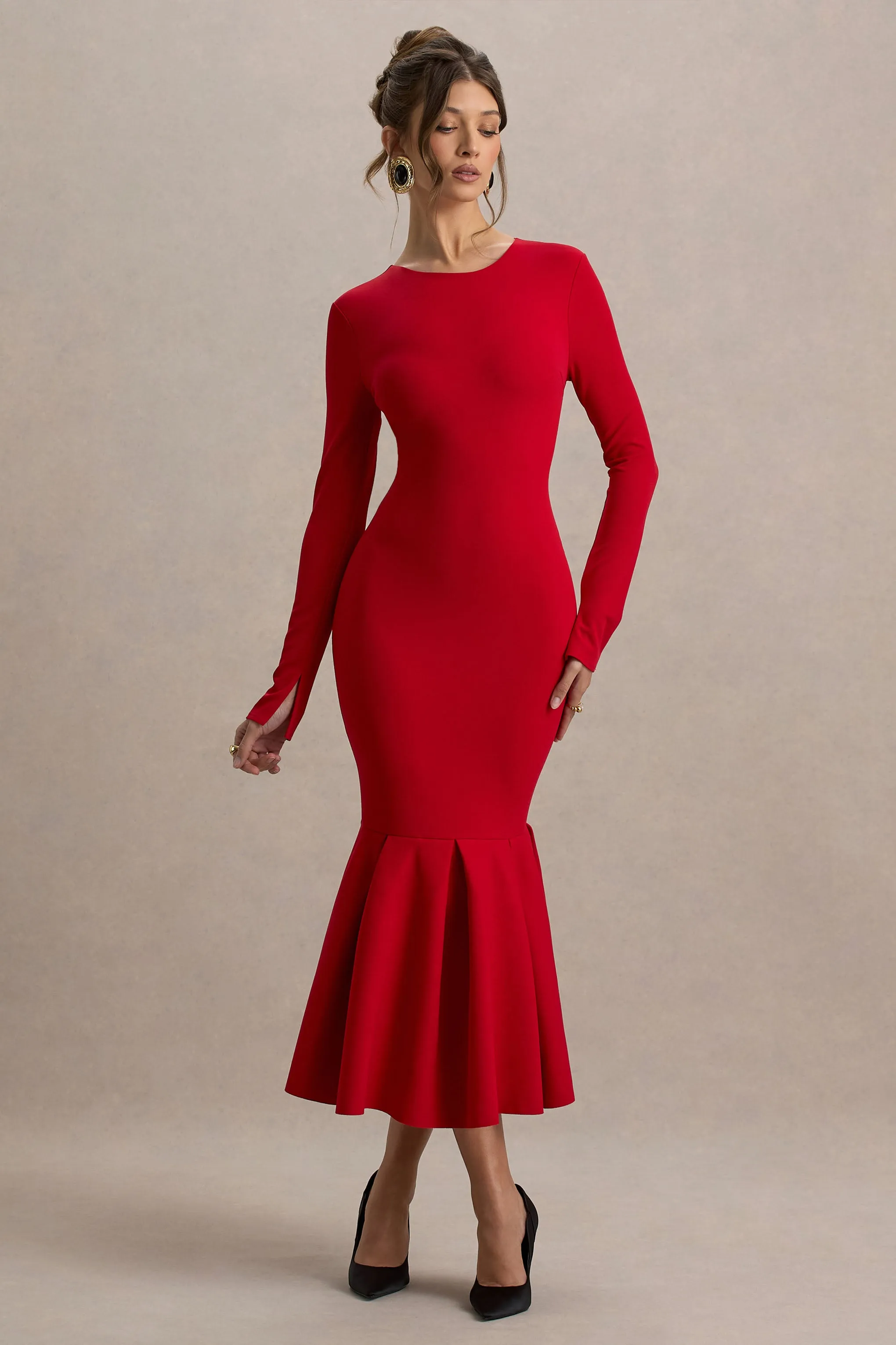 Liberty | Red High Neck Mermaid Maxi Dress With Ruffling Detail sold by Club L London