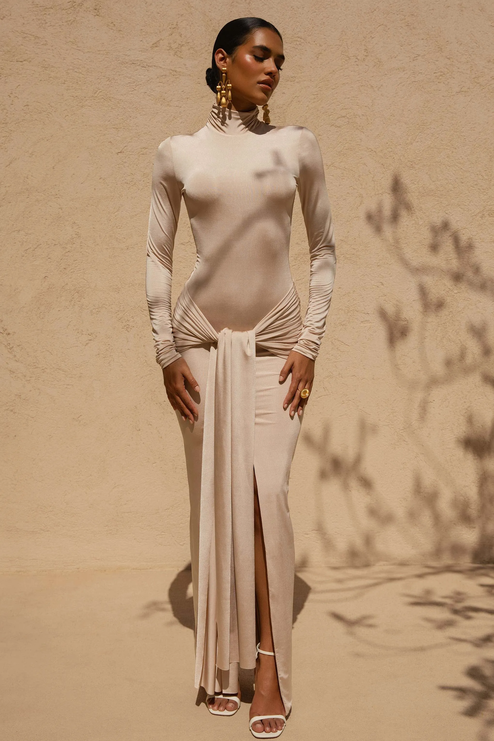 Myra | Champagne High-Neck Maxi Dress With Sash and Ruched Detailing sold by Club L London product image thumbnail 3
