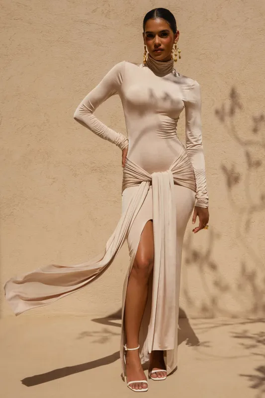 Myra | Champagne High-Neck Maxi Dress With Sash and Ruched Detailing sold by Club L London
