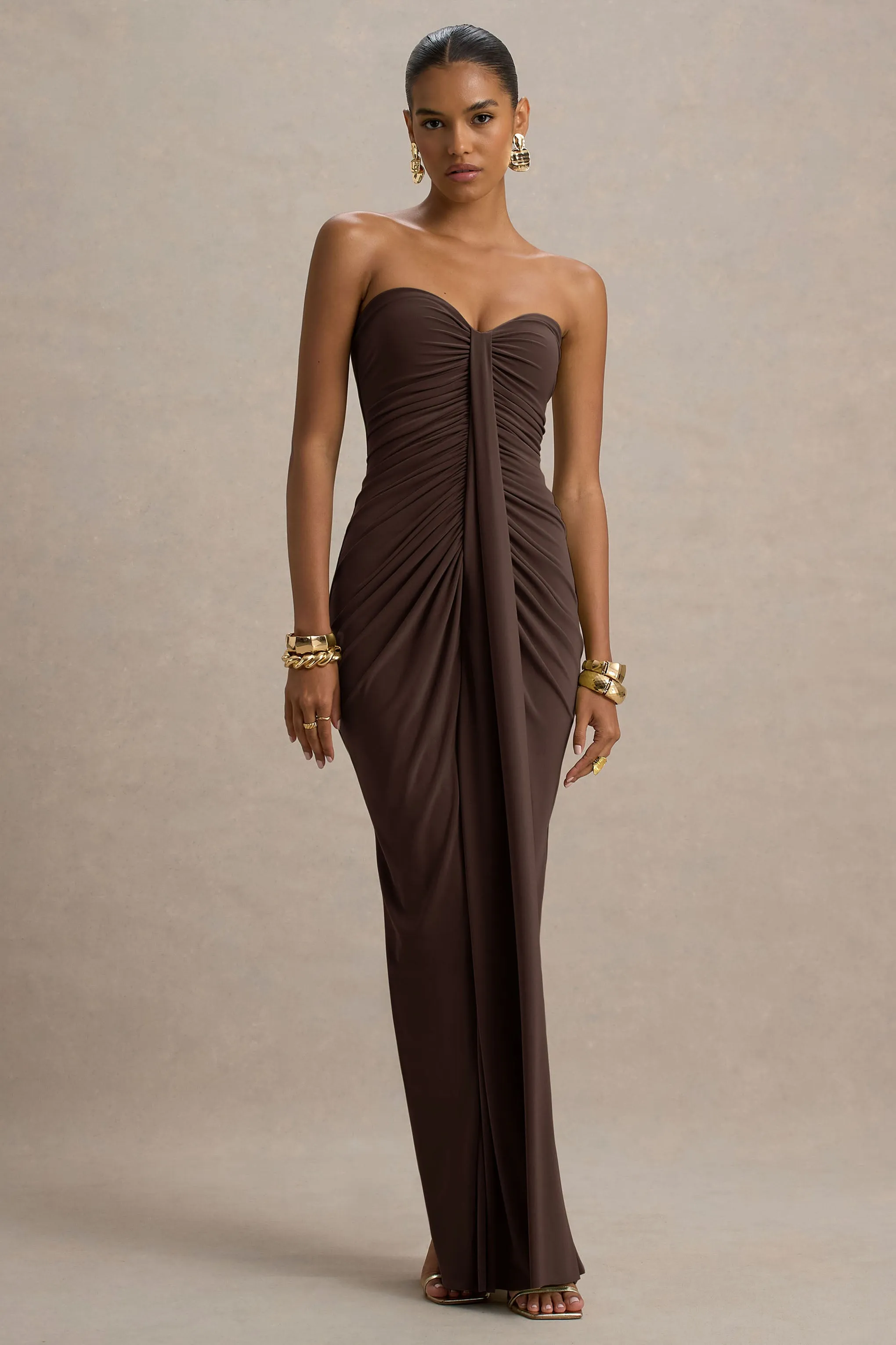 Ali | Brown Sweetheart Ruched Wrap Maxi Dress sold by Club L London