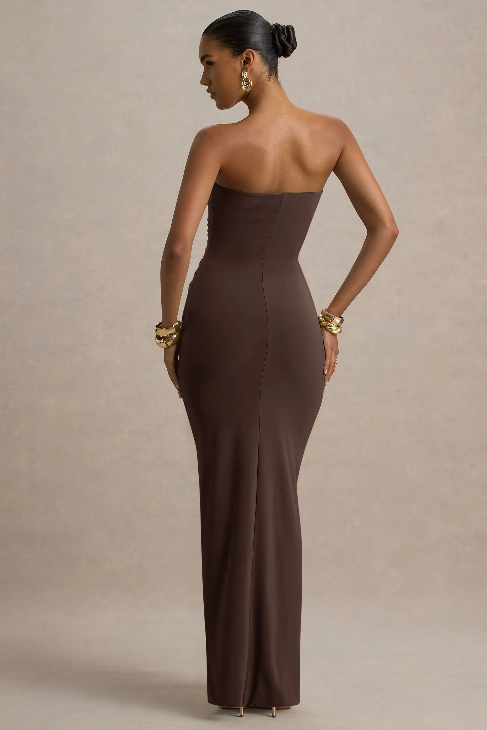 Ali | Brown Sweetheart Ruched Wrap Maxi Dress sold by Club L London product image thumbnail 2