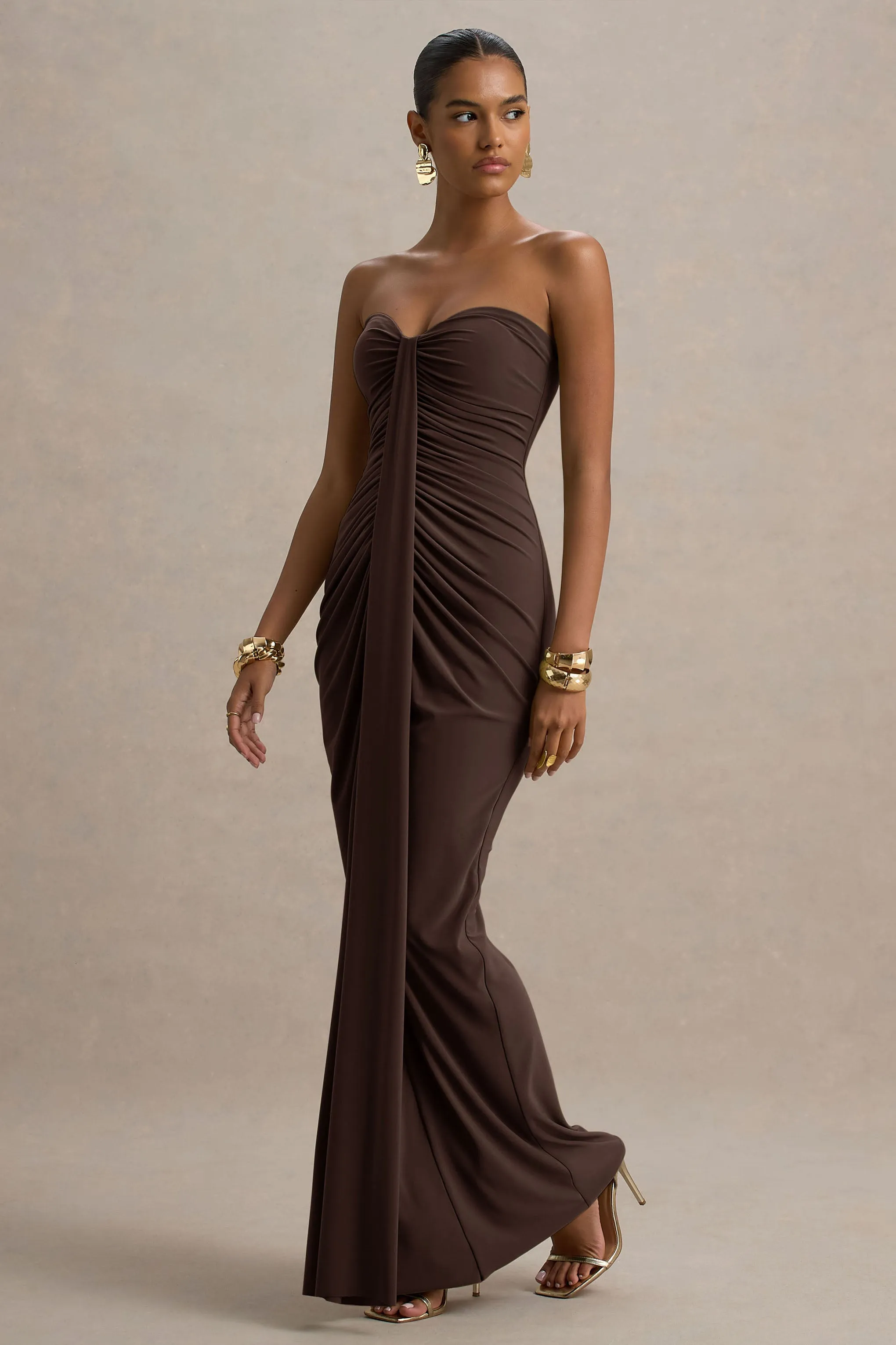 Ali | Brown Sweetheart Ruched Wrap Maxi Dress sold by Club L London product image thumbnail 4