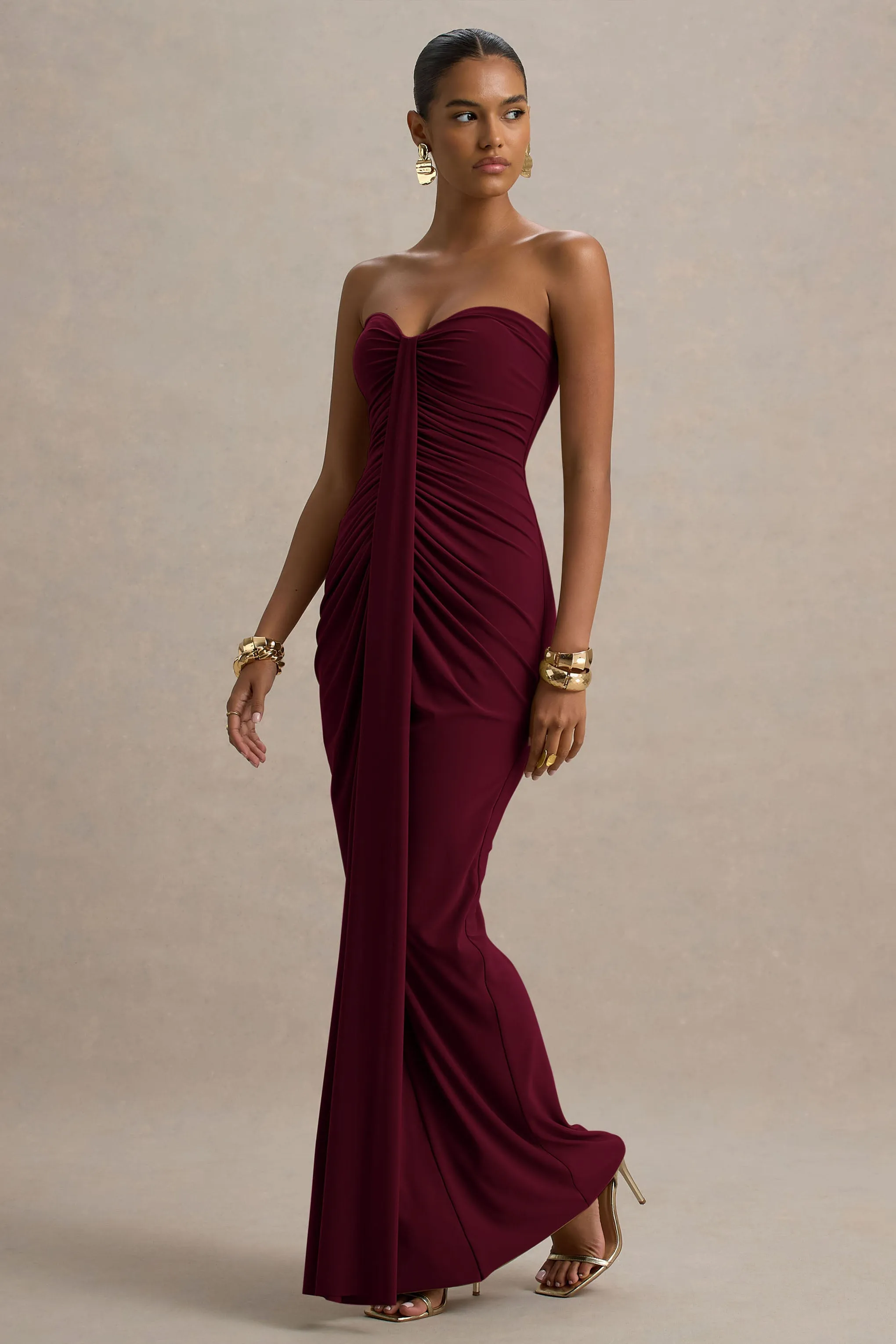 Ali | Burgundy Sweetheart Ruched Wrap Maxi Dress sold by Club L London product image thumbnail 4