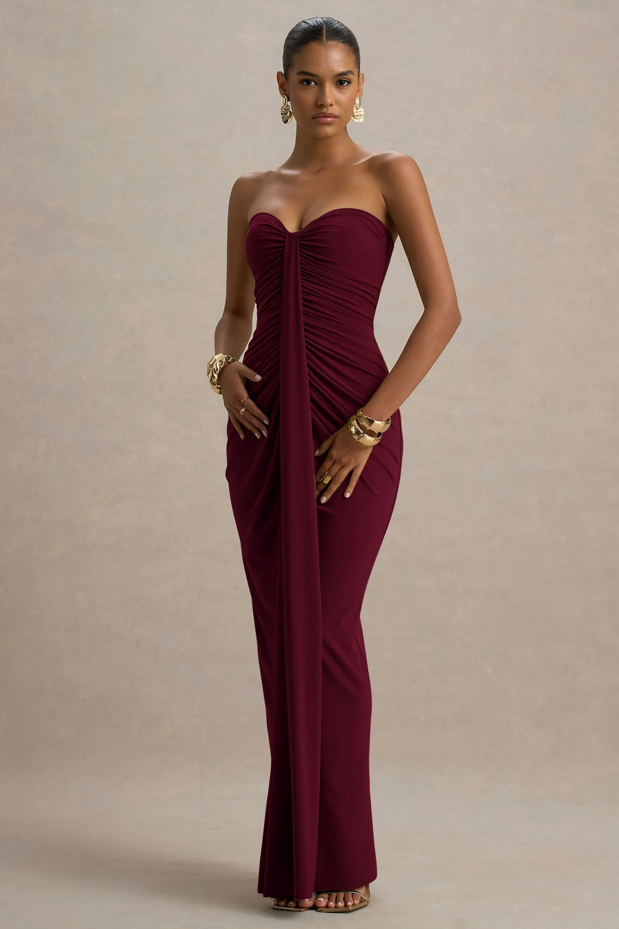 Ali | Burgundy Sweetheart Ruched Wrap Maxi Dress sold by Club L London