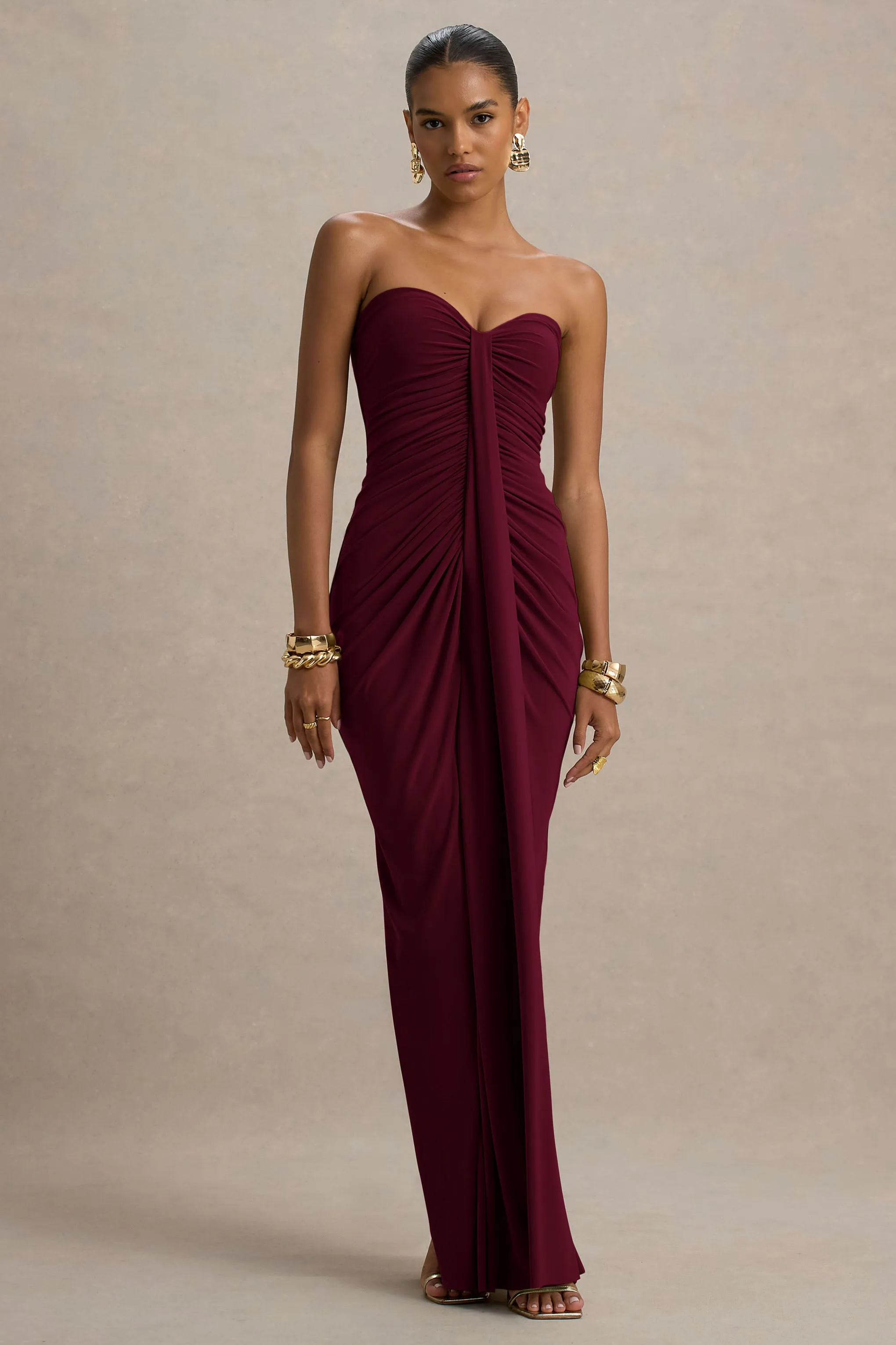 Ali | Burgundy Sweetheart Ruched Wrap Maxi Dress sold by Club L London product image thumbnail 3