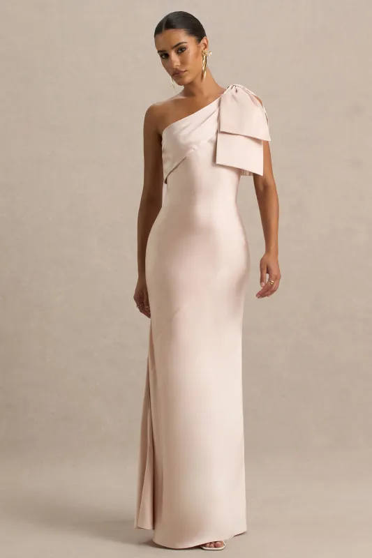 Valerie | Light Pink Satin Asymmetric-Neck Maxi Dress With Bow Detail sold by Club L London