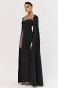 Glossy | Black Woven Square-Neck Maxi Dress With Cape Sleeves and Embellished Detail sold by Club L London