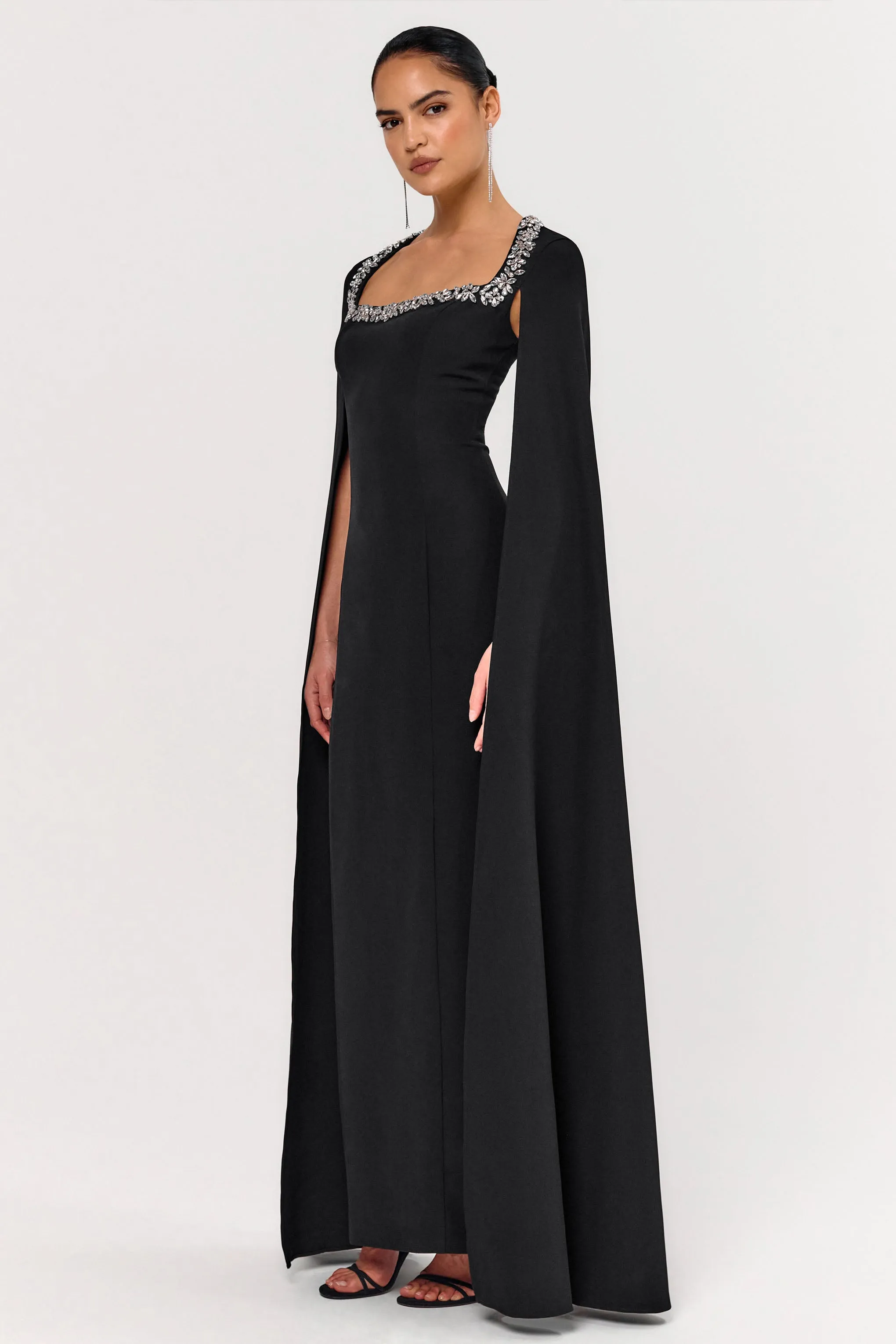 Glossy | Black Woven Square-Neck Maxi Dress With Cape Sleeves and Embellished Detail sold by Club L London product image thumbnail 3
