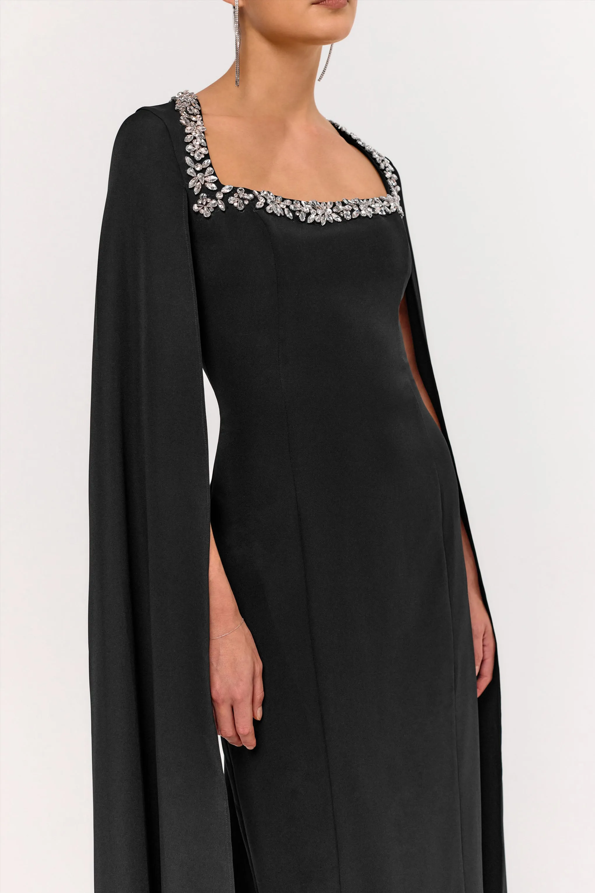 Glossy | Black Woven Square-Neck Maxi Dress With Cape Sleeves and Embellished Detail sold by Club L London product image thumbnail 5