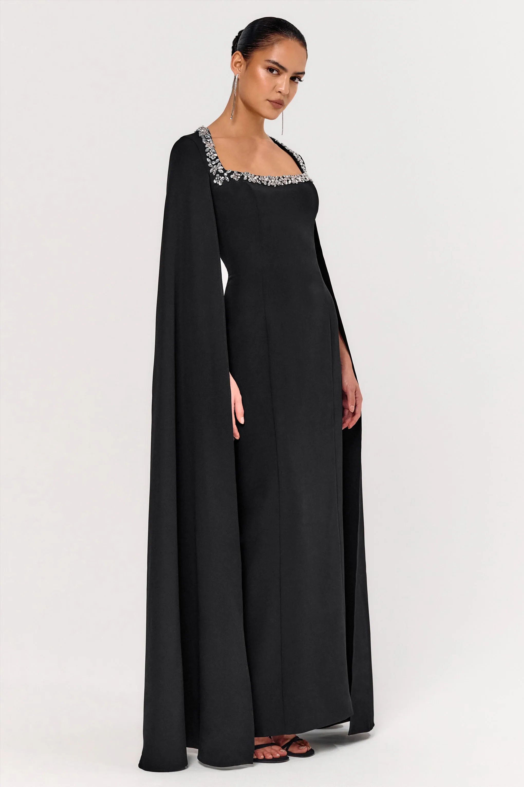 Glossy | Black Woven Square-Neck Maxi Dress With Cape Sleeves and Embellished Detail sold by Club L London product image thumbnail 4